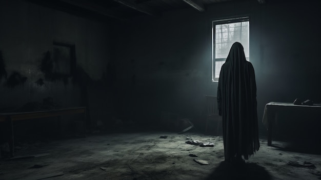 View of mysterious person in dark scary room
