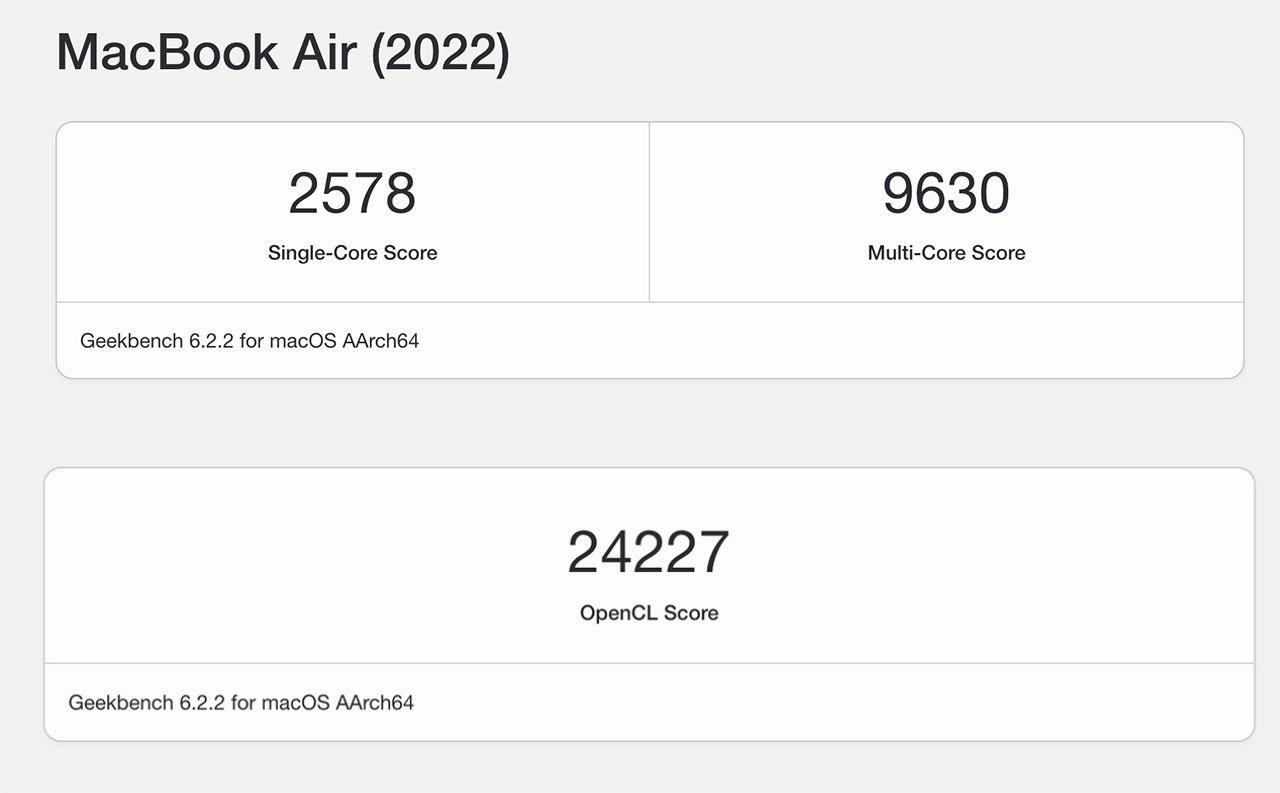 Điểm GeekBench 6 của MacBook Air M2 sau 1 năm máy ra mắt.