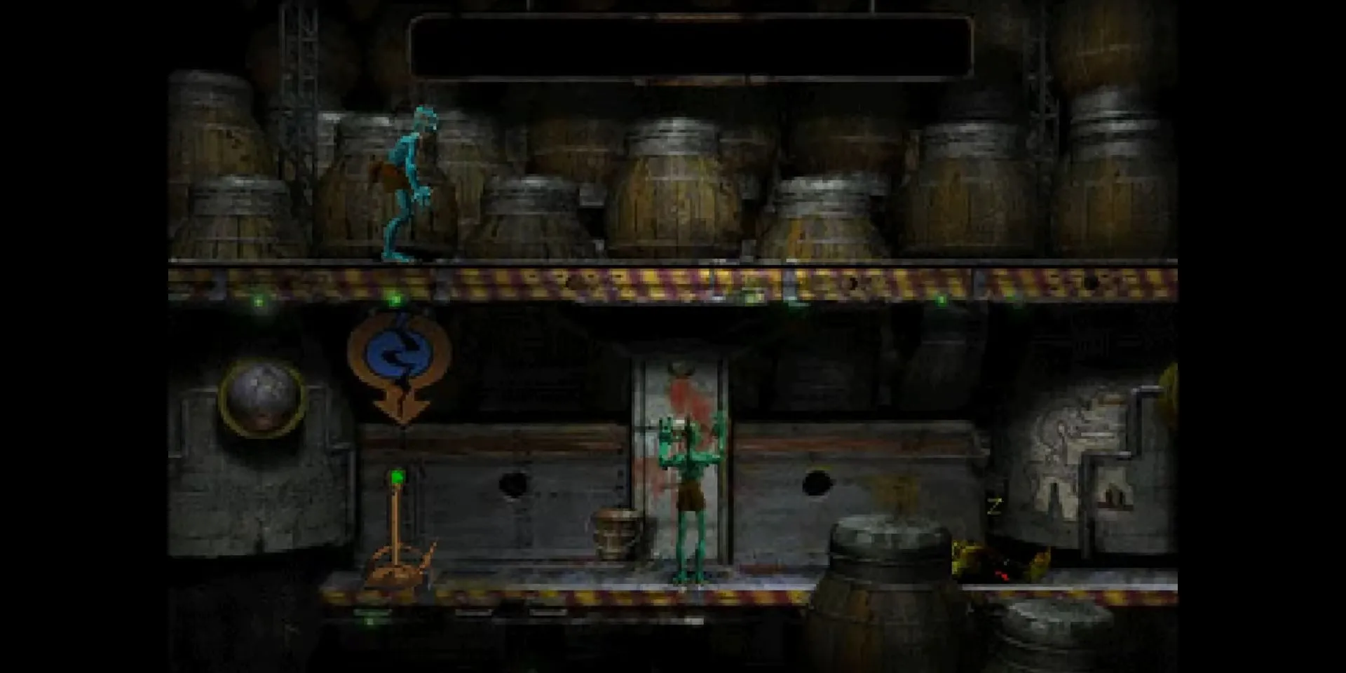 Abe trong nhà máy RuptureFarms của Oddworld: Abe's Oddysee, sự tương phản giữa công nghiệp và thiên nhiên qua phông nền dựng sẵn