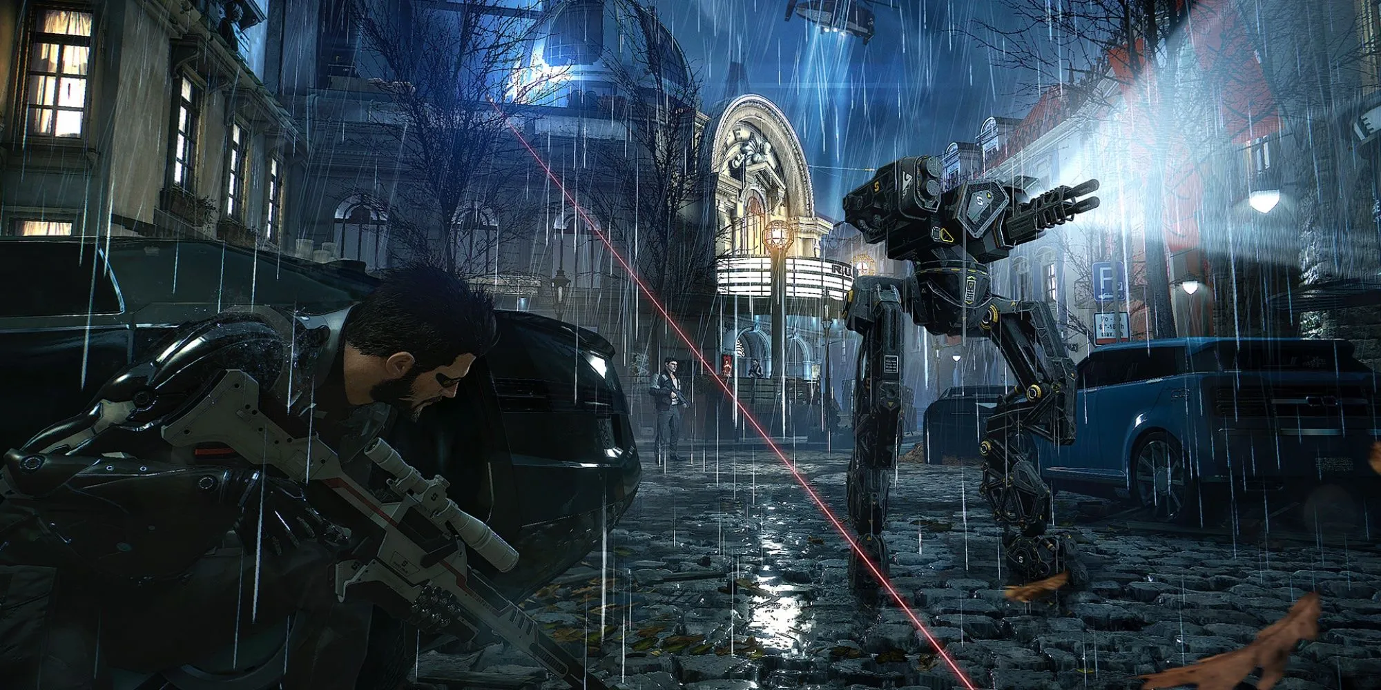 Adam Jensen đang ẩn nấp sau vật cản, tránh né robot địch trong Deus Ex: Mankind Divided