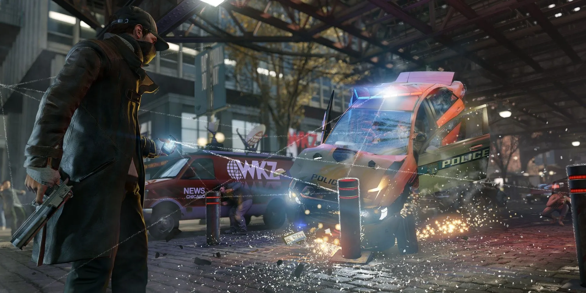 Aiden Pearce sử dụng kỹ năng hack để chặn xe cảnh sát trong Watch Dogs