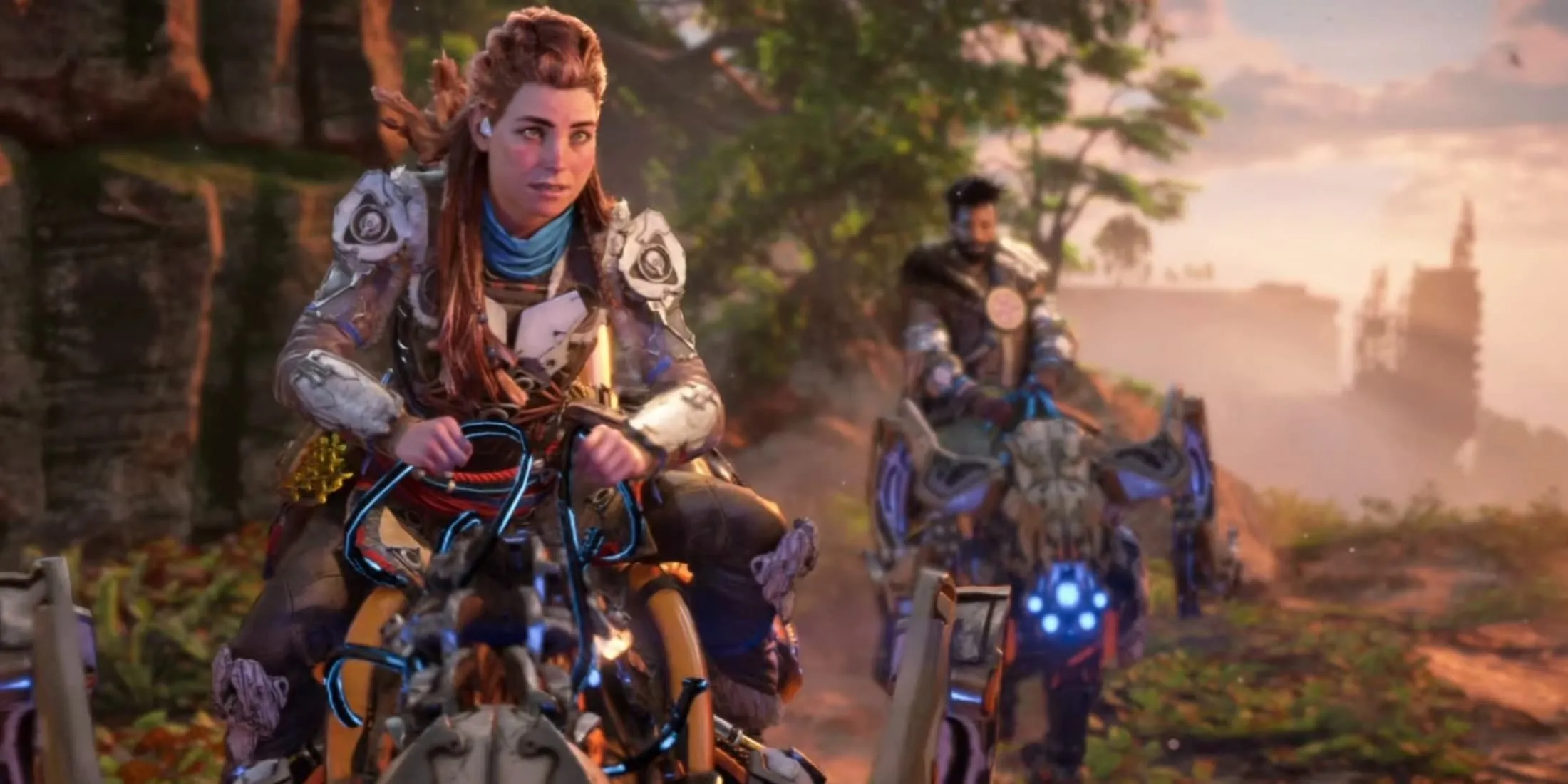 Aloy cưỡi thú máy trong thế giới hùng vĩ của Horizon Forbidden West