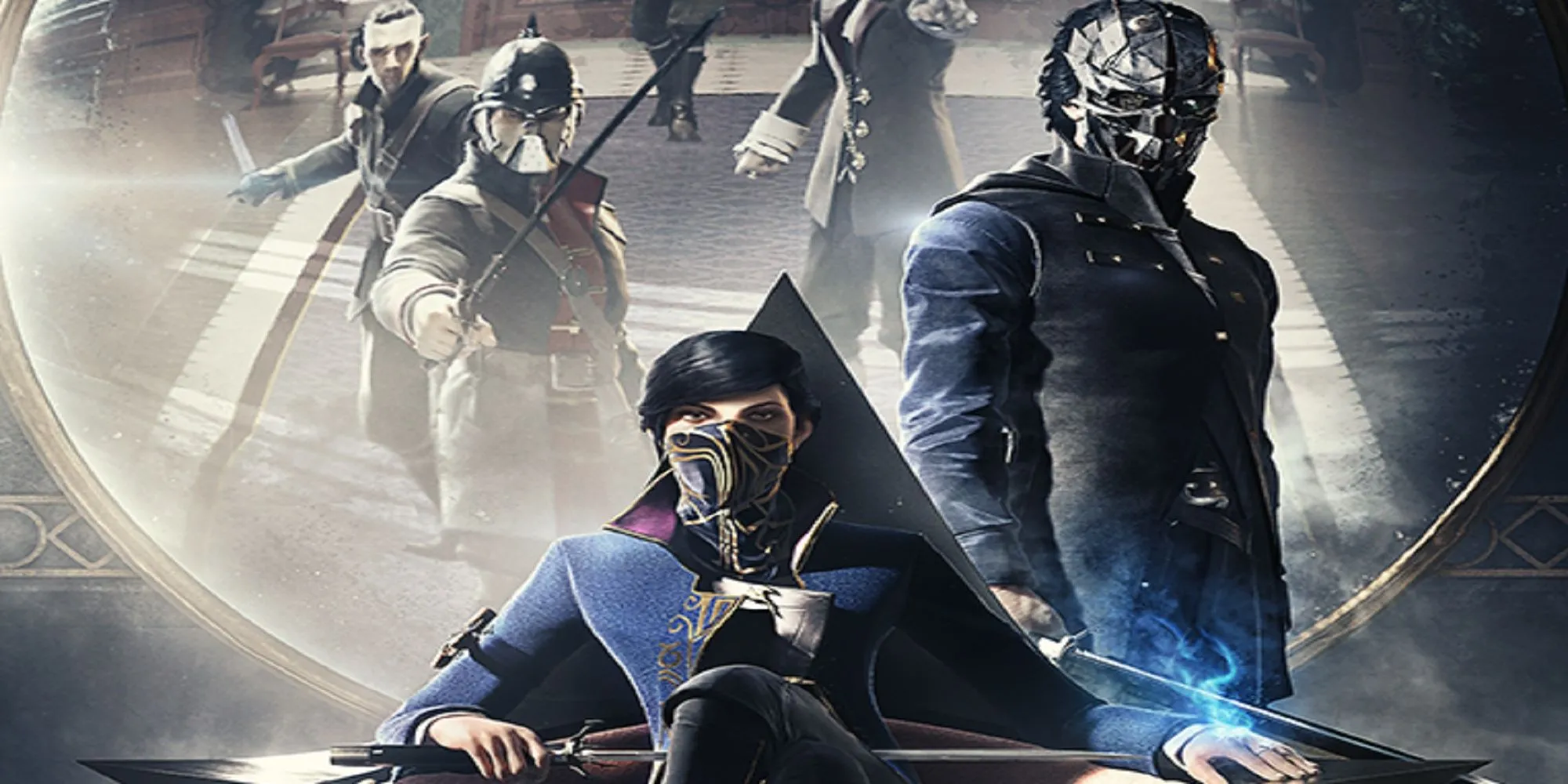 Ảnh bìa game Dishonored 2 với Corvo và Emily
