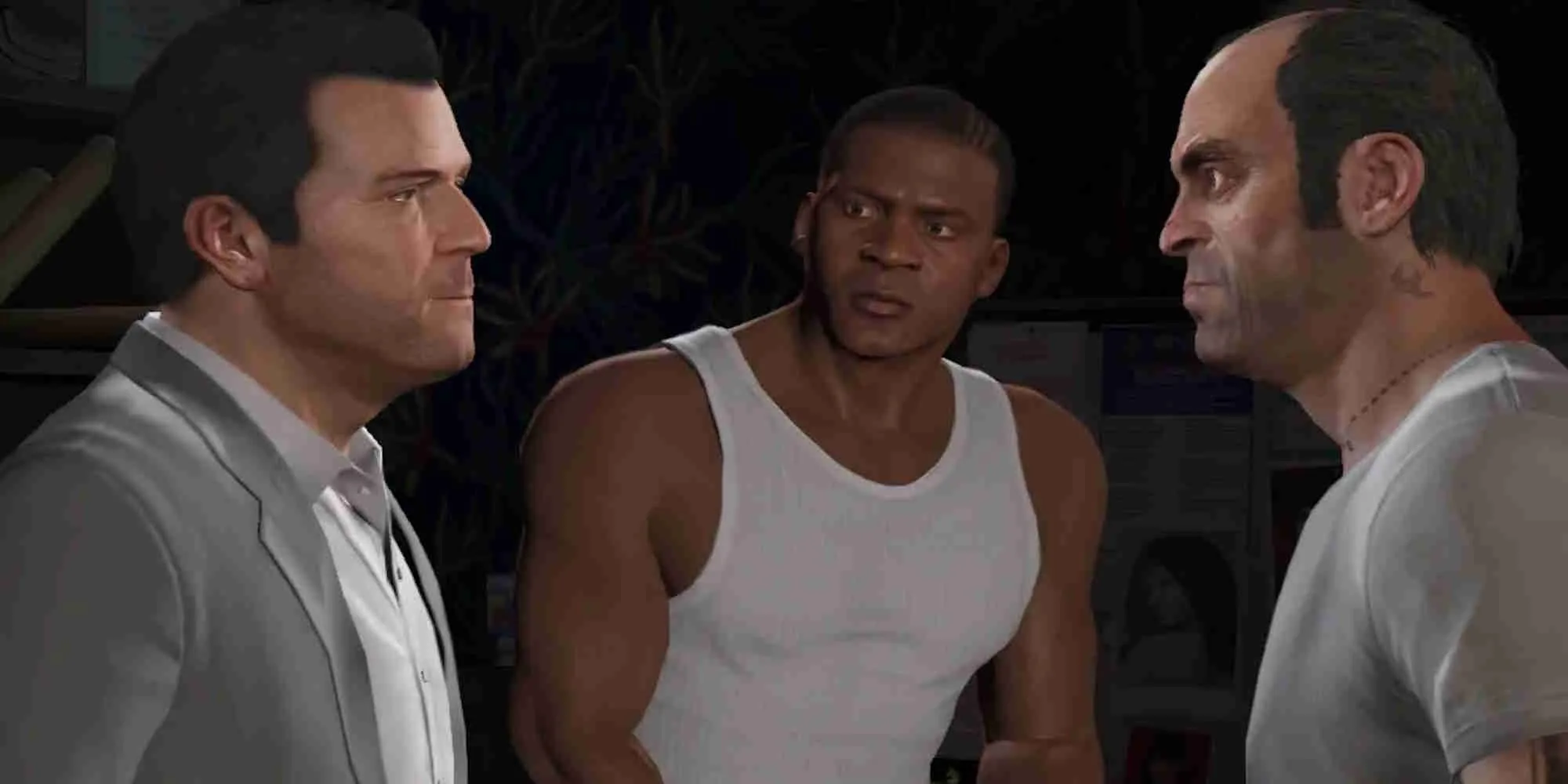 Ảnh bìa game Grand Theft Auto V với ba nhân vật chính Franklin, Michael và Trevor