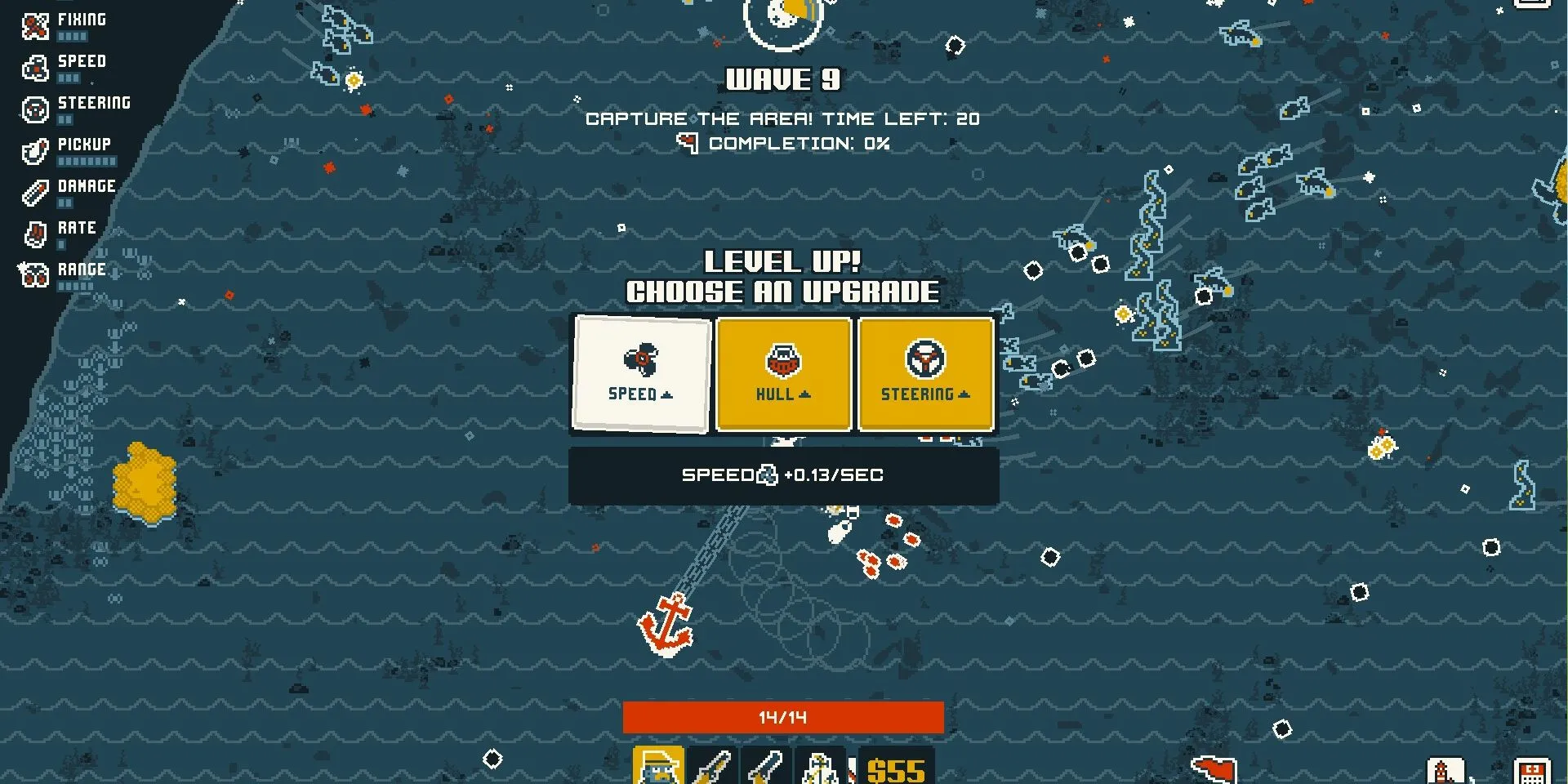 Ảnh chụp màn hình demo Nautical Survival với người chơi đang nâng cấp chỉ số.