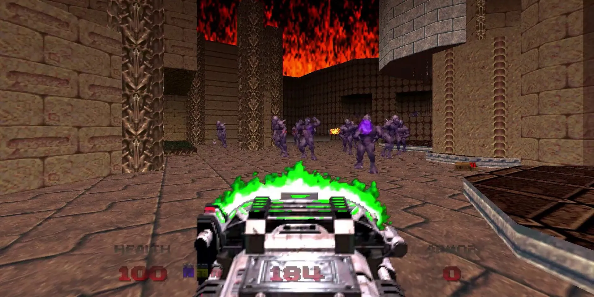 Ảnh chụp màn hình Doom 64, thể hiện tông màu tối và u ám đặc trưng