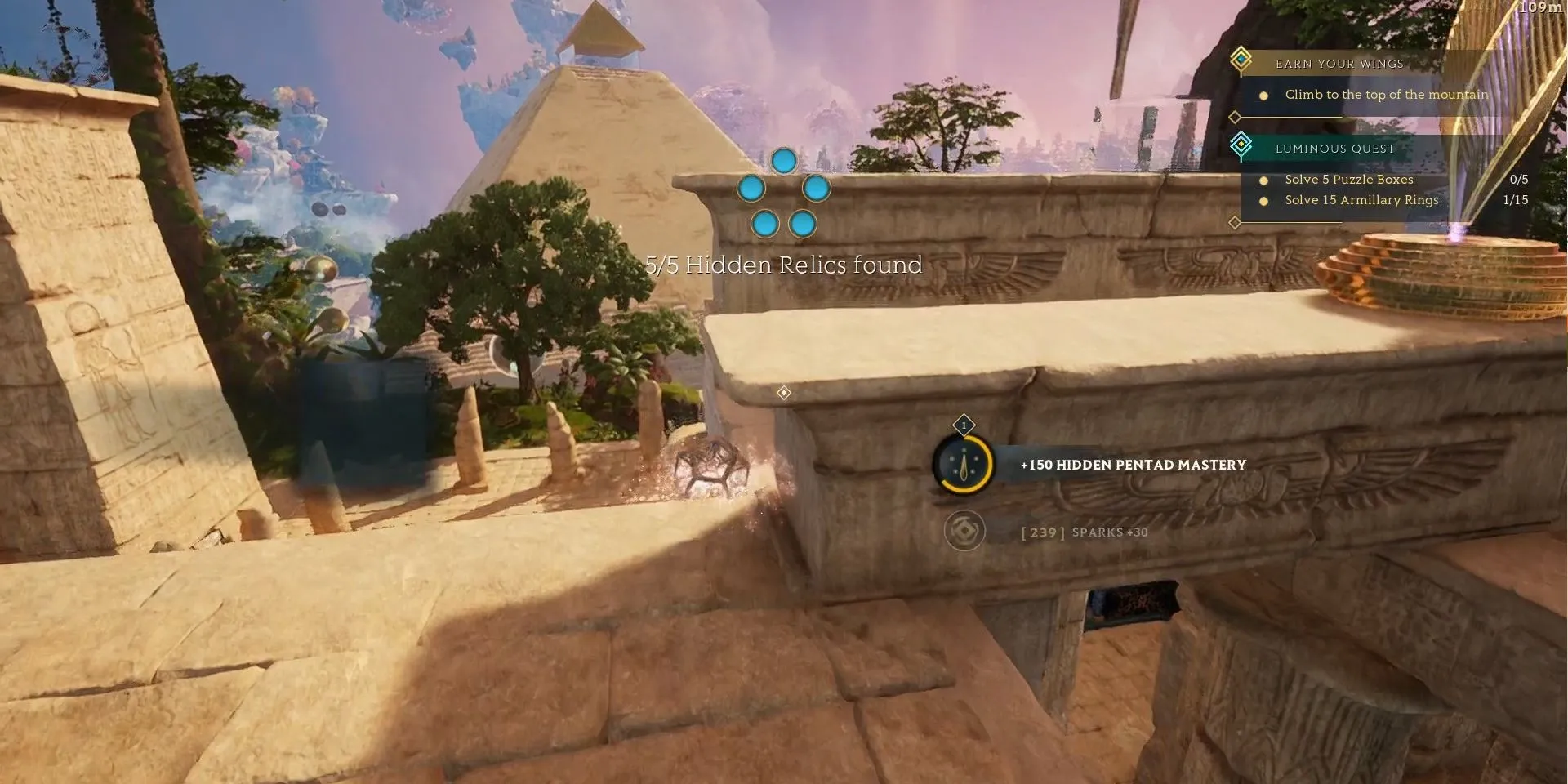 Ảnh chụp màn hình game Islands of Insight, người chơi đang khám phá một Di Vật Ẩn.
