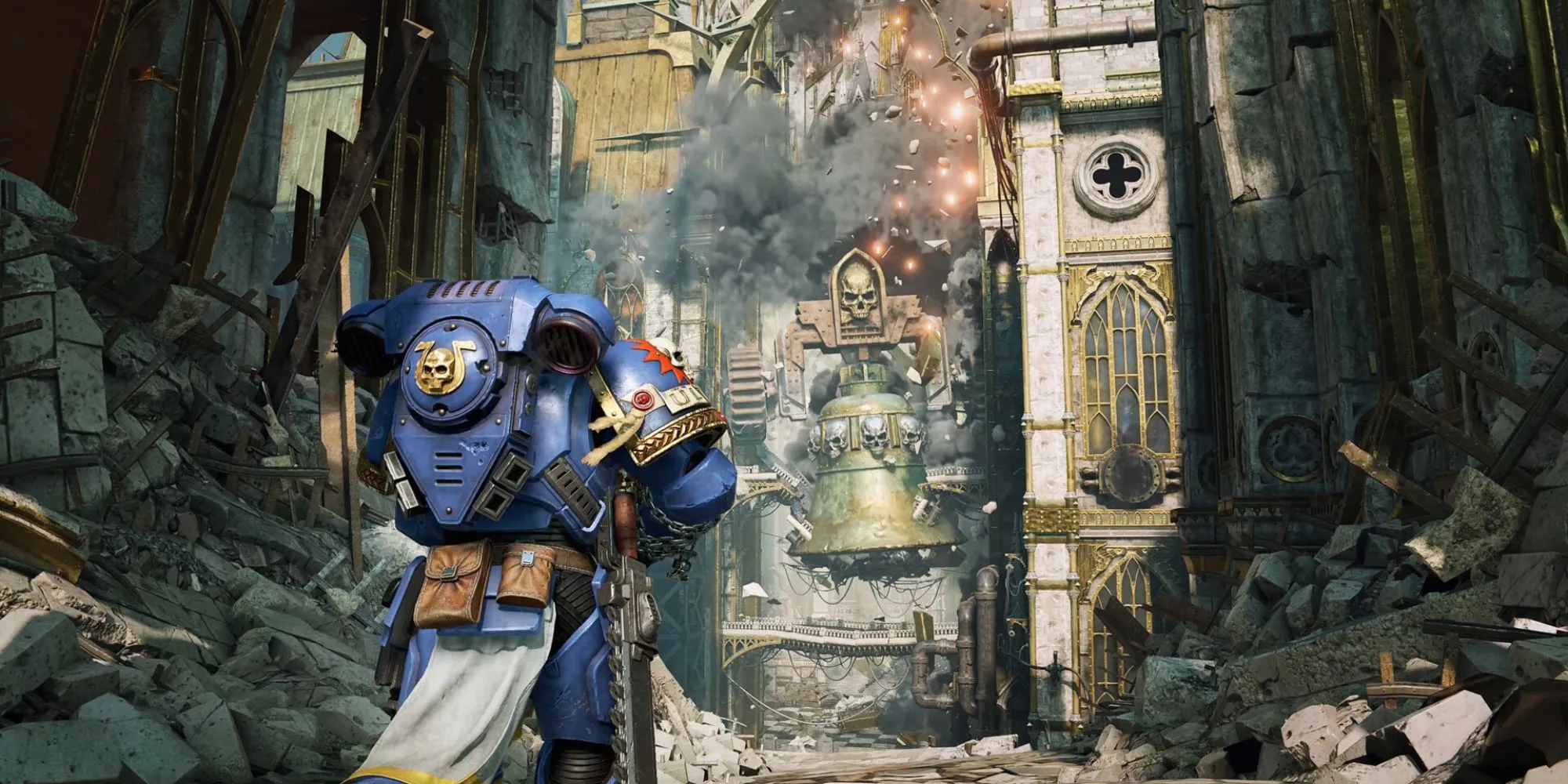Ảnh chụp màn hình game Warhammer 40k Space Marine 2 với cảnh một Space Marine đang chiến đấu.