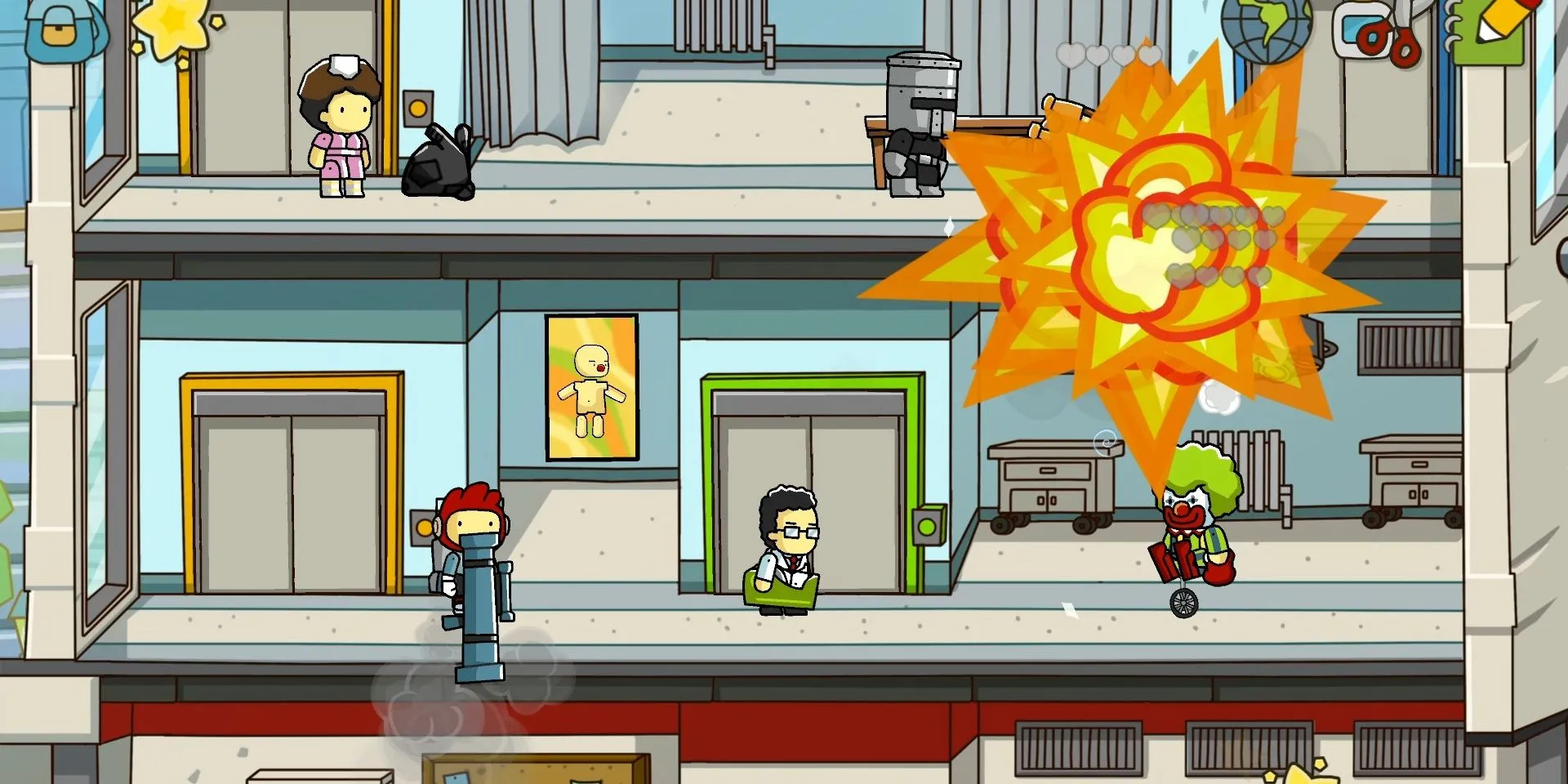 Ảnh chụp màn hình Scribblenauts Unlimited, nhân vật Maxwell dùng súng phóng tên lửa vào một chú hề.