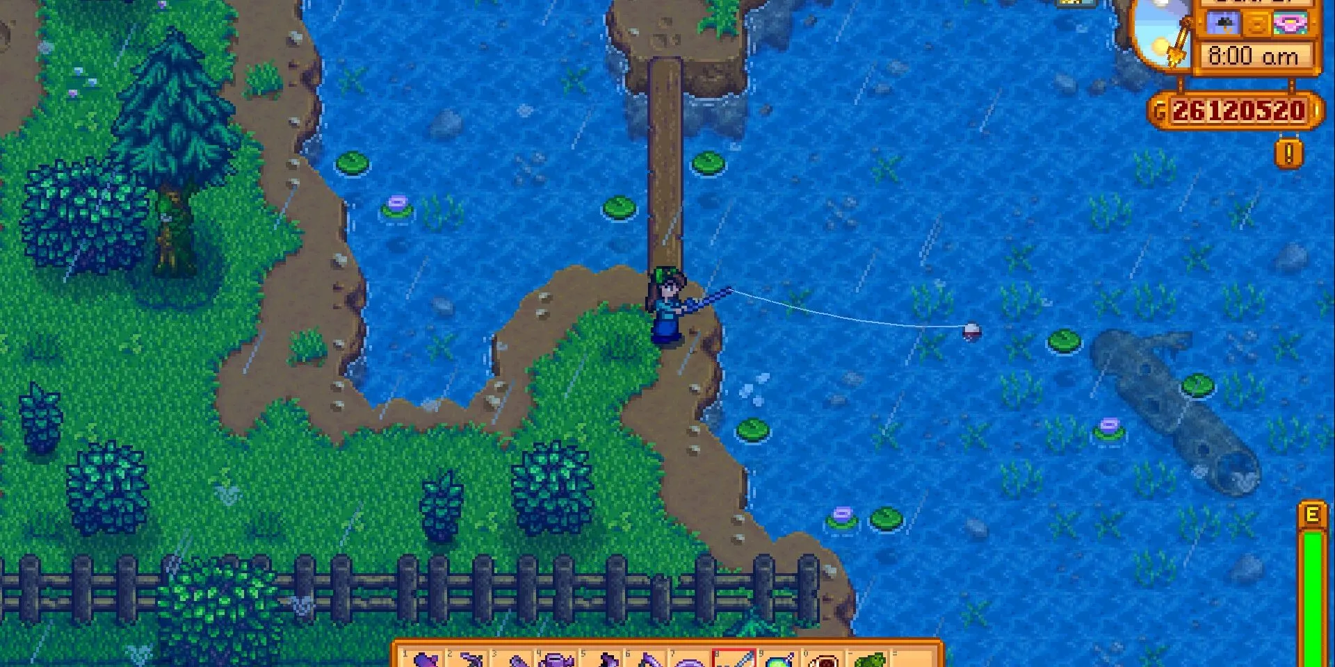Ảnh chụp màn hình Stardew Valley, người chơi Câu Cá Huyền Thoại ở hồ