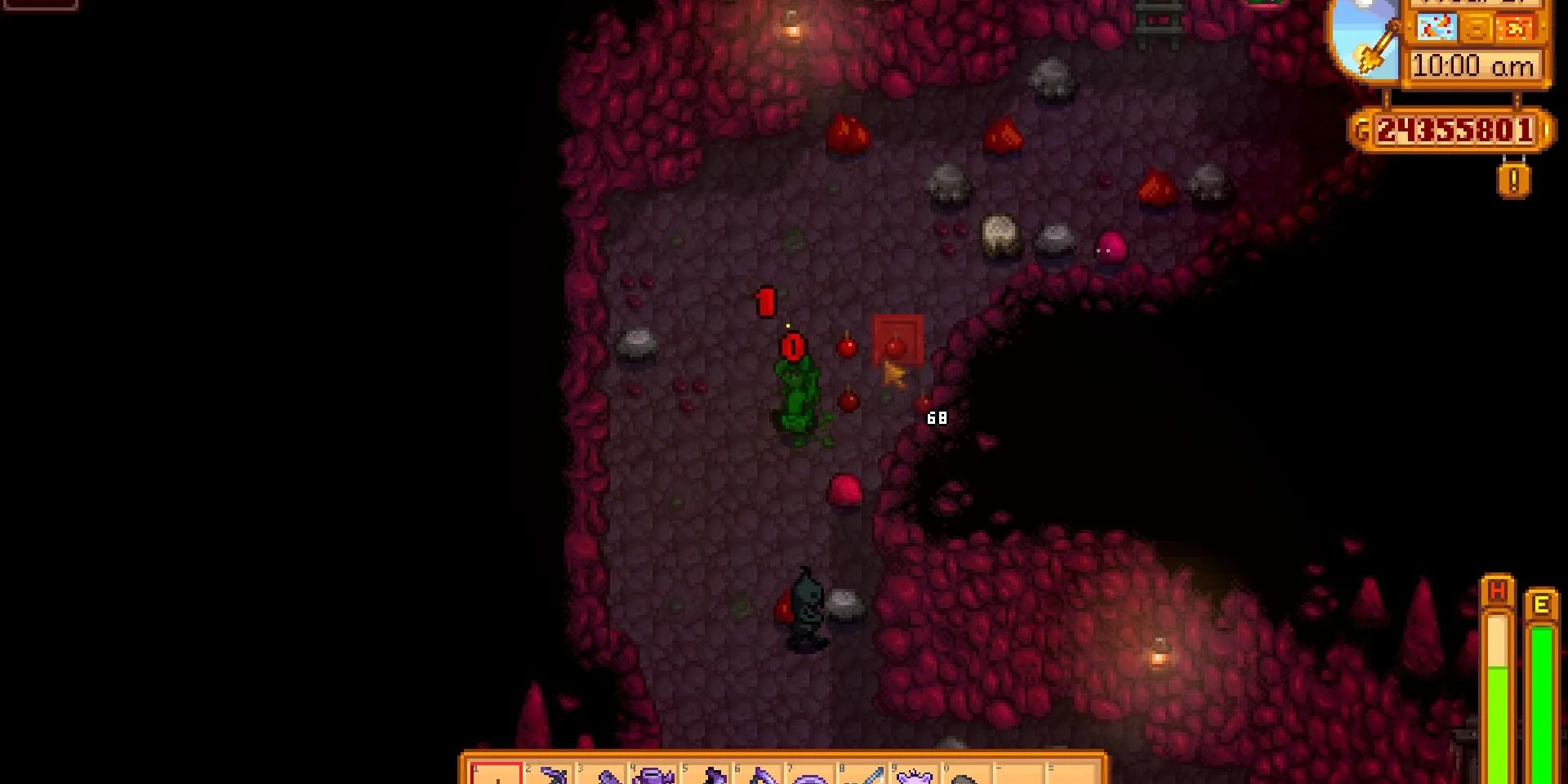 Ảnh chụp màn hình Stardew Valley, người chơi sử dụng Bombs trong Mỏ chống lại quái vật