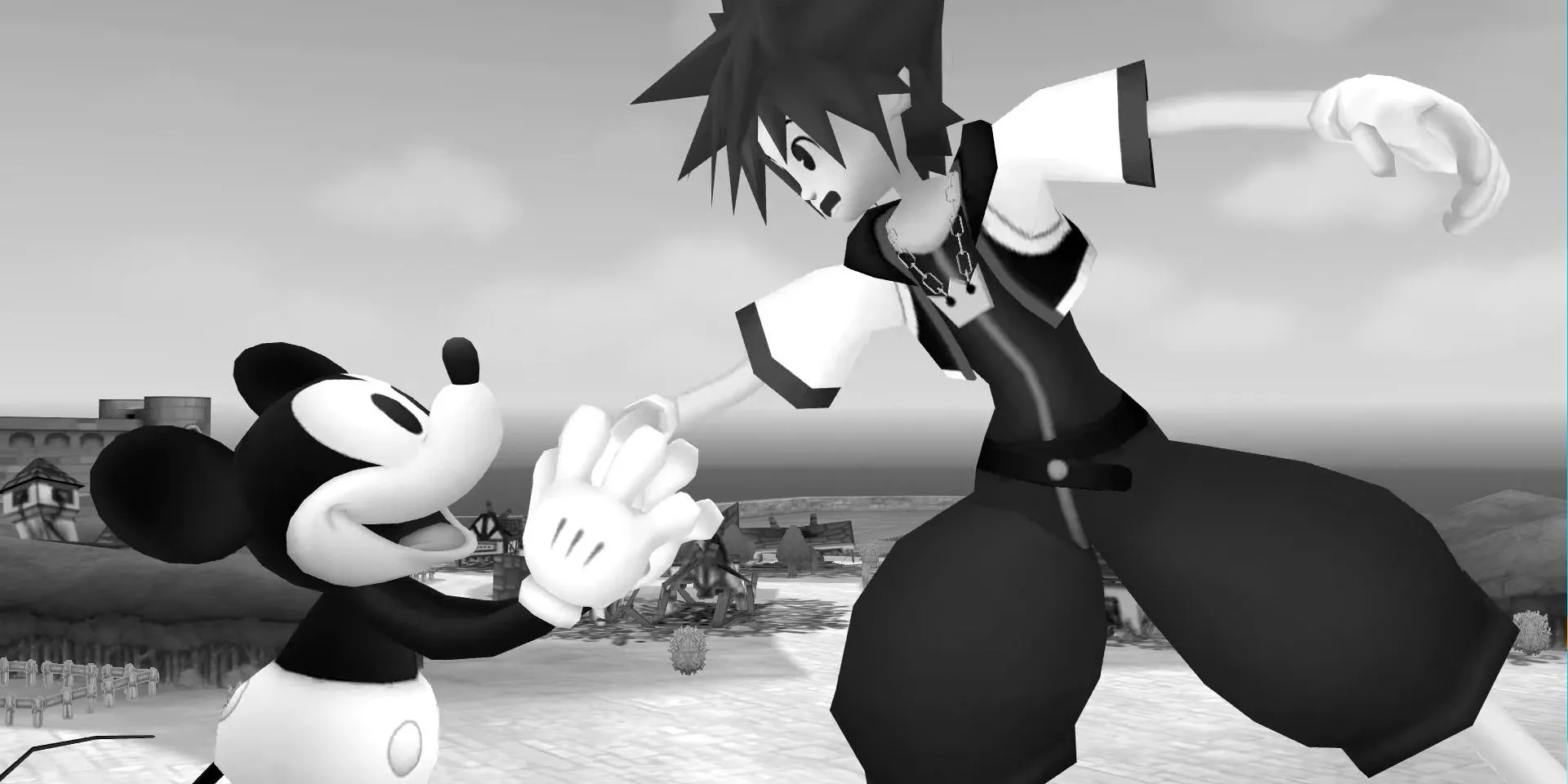 Ảnh chụp màn hình từ Kingdom Hearts 2 cho thấy Sora, Donald và Goofy tại thế giới Timeless River với chuột Mickey