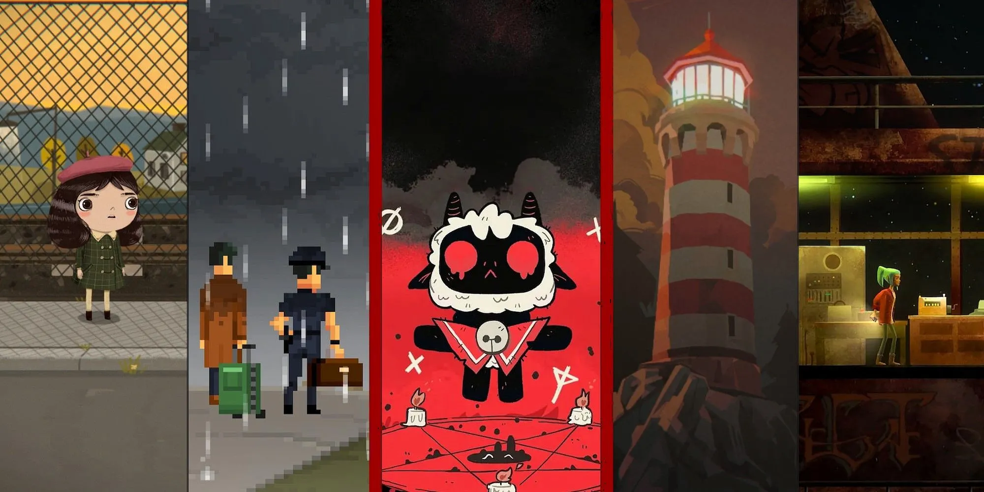 Ảnh ghép nhiều tựa game kinh dị dễ thương như Little Misfortune, The Darkside Detective, Cult of the Lamb, Dredge, và Oxenfree