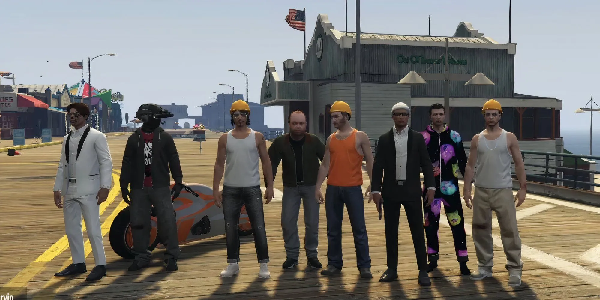 Ảnh nhóm những người tham gia biểu tình trong GTA V Online với trang phục công nhân xây dựng