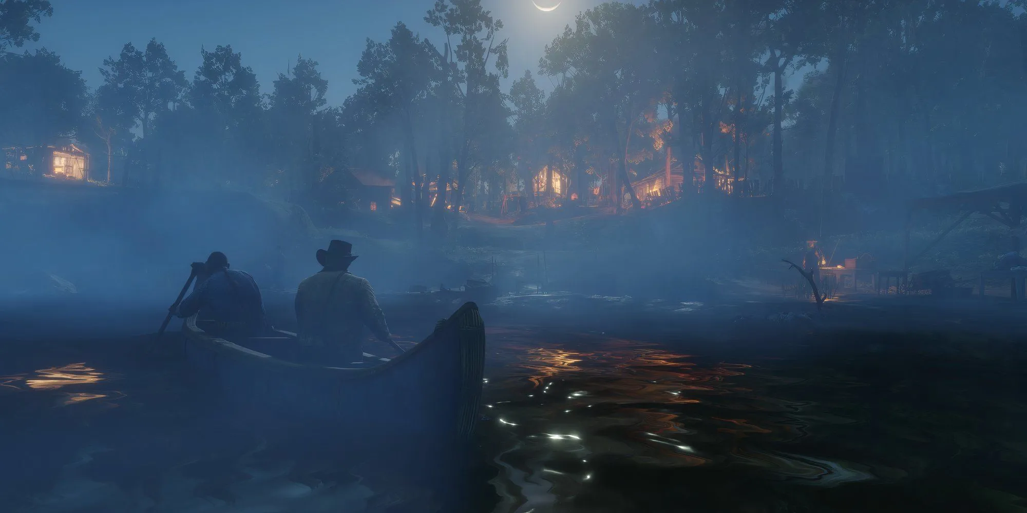Arthur Morgan chèo thuyền dưới ánh trăng, một khoảnh khắc yên bình để người chơi tận hưởng thế giới Red Dead Redemption 2