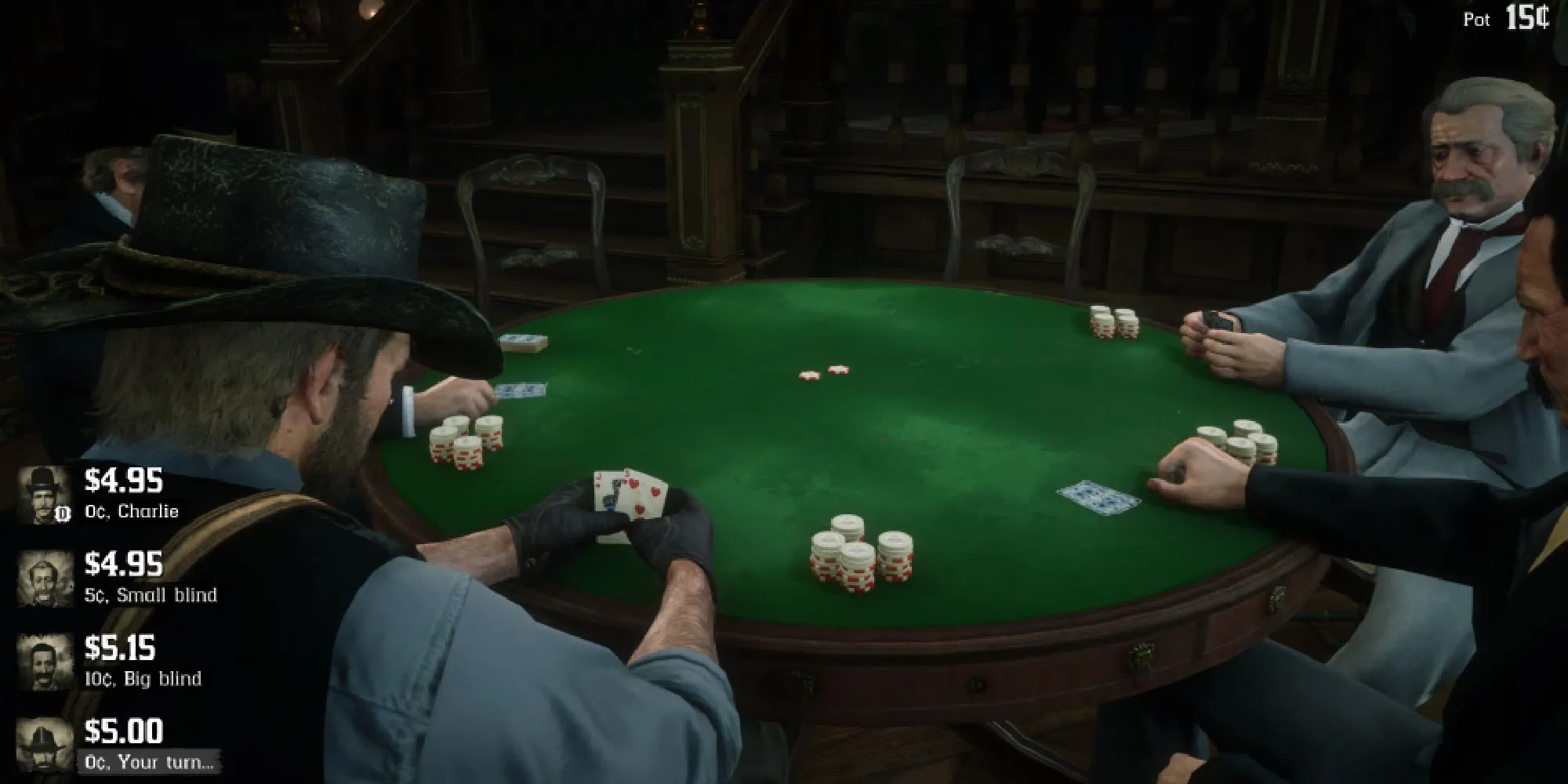Arthur Morgan chơi poker trong một quán rượu ở Saint Denis, một trong nhiều hoạt động phụ của Red Dead Redemption 2