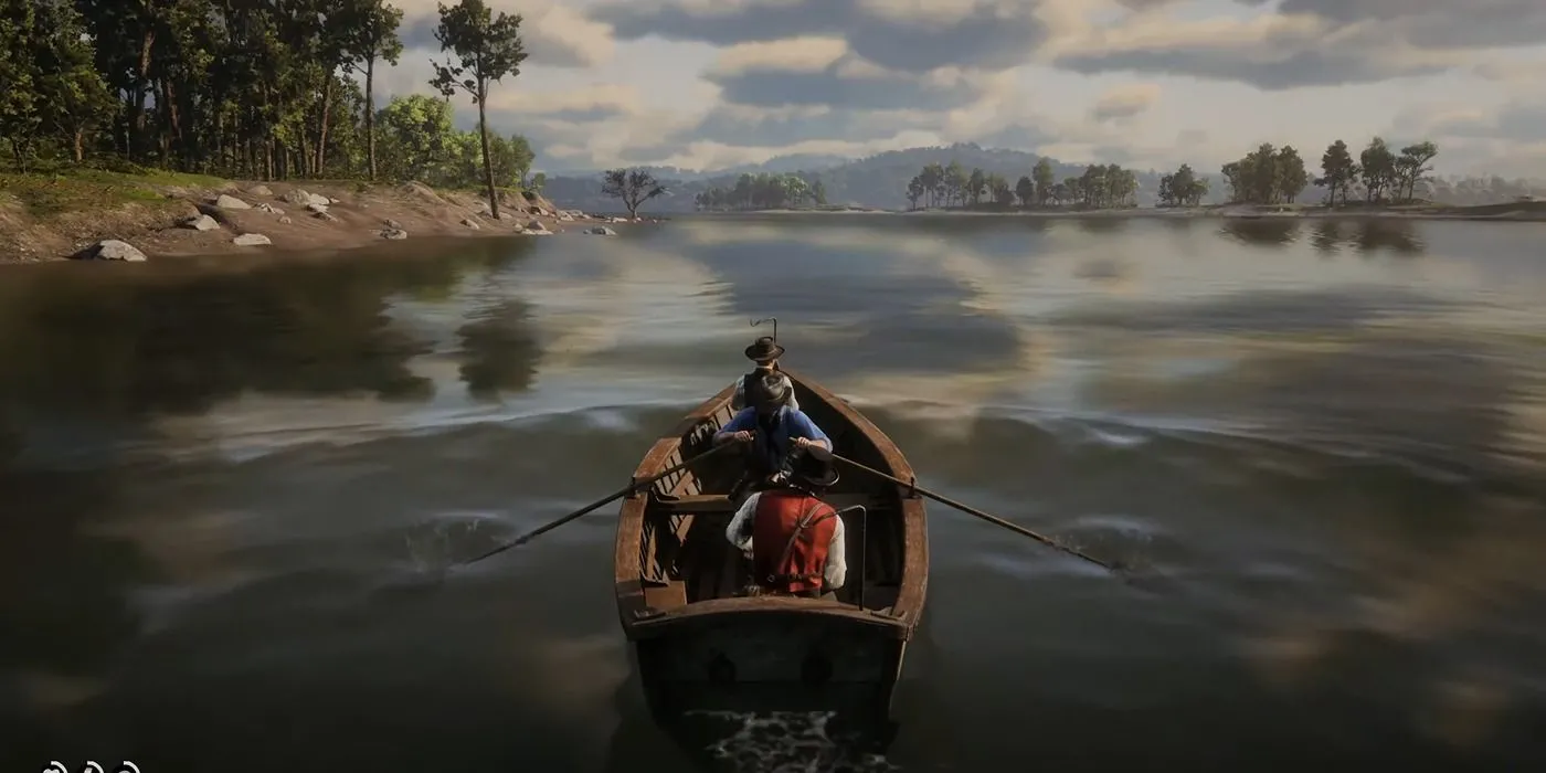 Arthur Morgan cưỡi ngựa qua một khu rừng trong Red Dead Redemption 2, thể hiện thế giới mở rộng lớn để khám phá