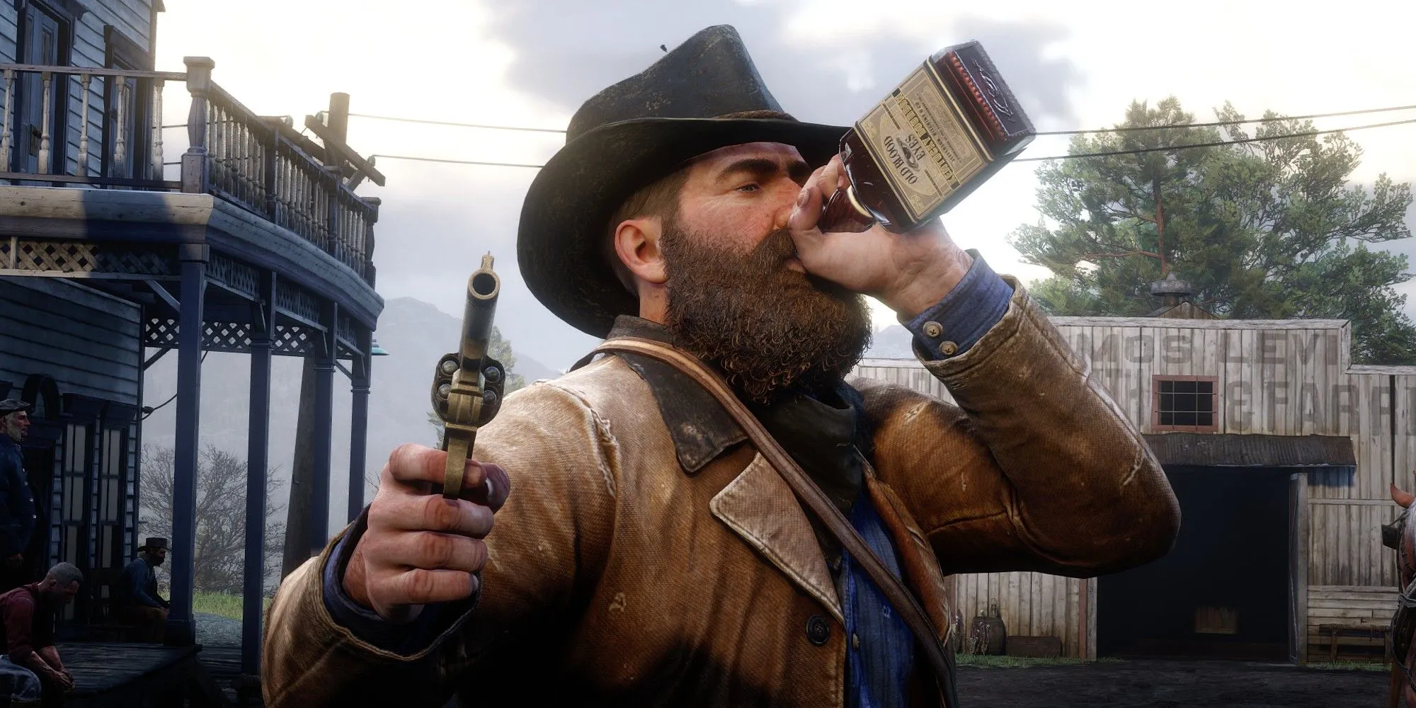 Arthur Morgan uống rượu và chĩa súng, thể hiện phong cách chơi nổi loạn trong Red Dead Redemption 2