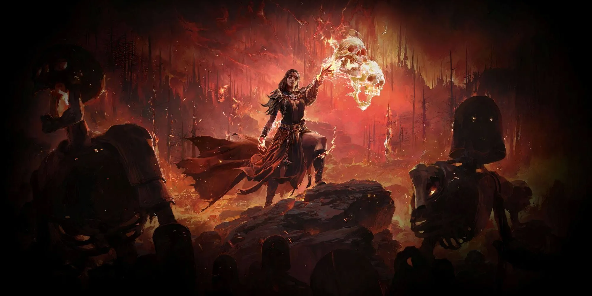 Artwork nhân vật Infernalist Witch trong Path of Exile II sử dụng ma pháp lửa mạnh mẽ