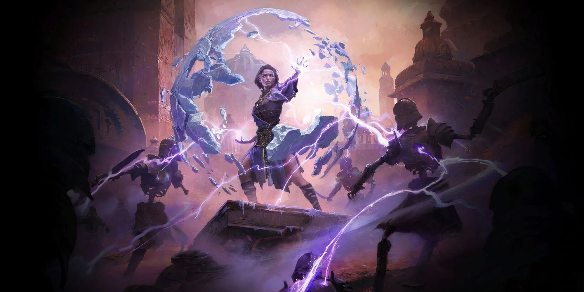 Artwork Stormweaver Sorceress trong Path of Exile II điều khiển sấm sét uy lực