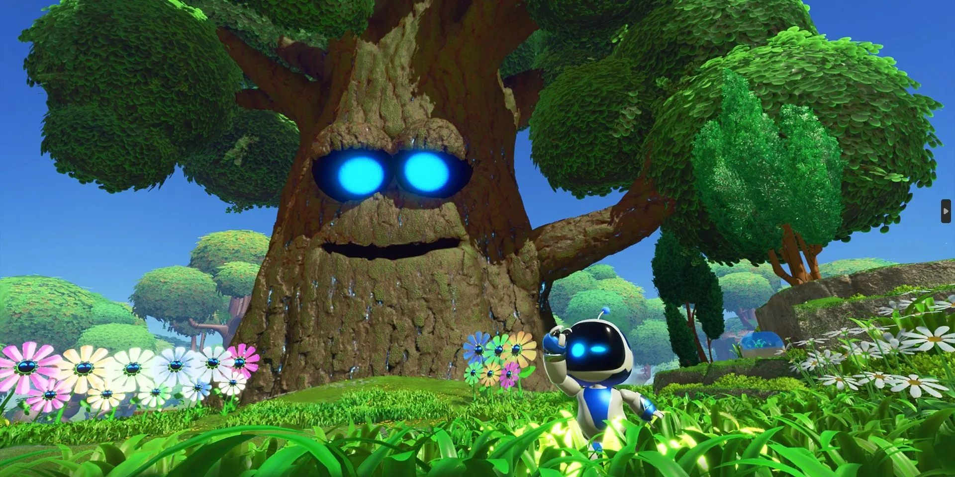 Astro Bot và Papa Tree trong thế giới đầy màu sắc của game