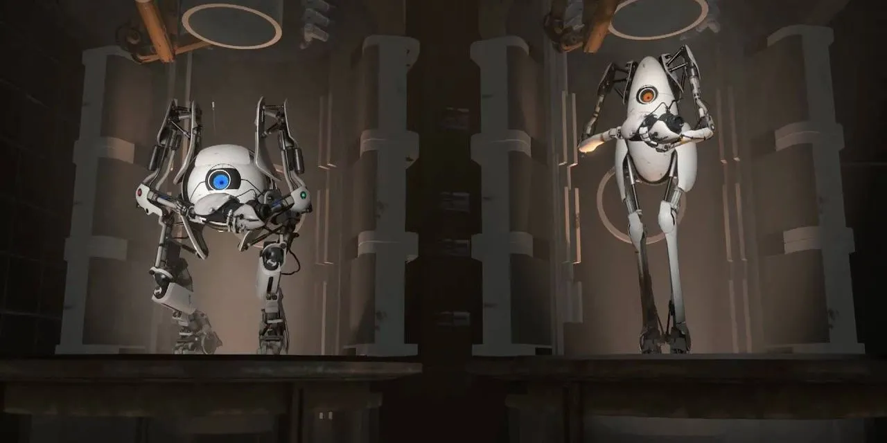 Atlas và P-Body trong Portal 2, hai robot cộng tác giải đố trong một tựa game co-op kinh điển