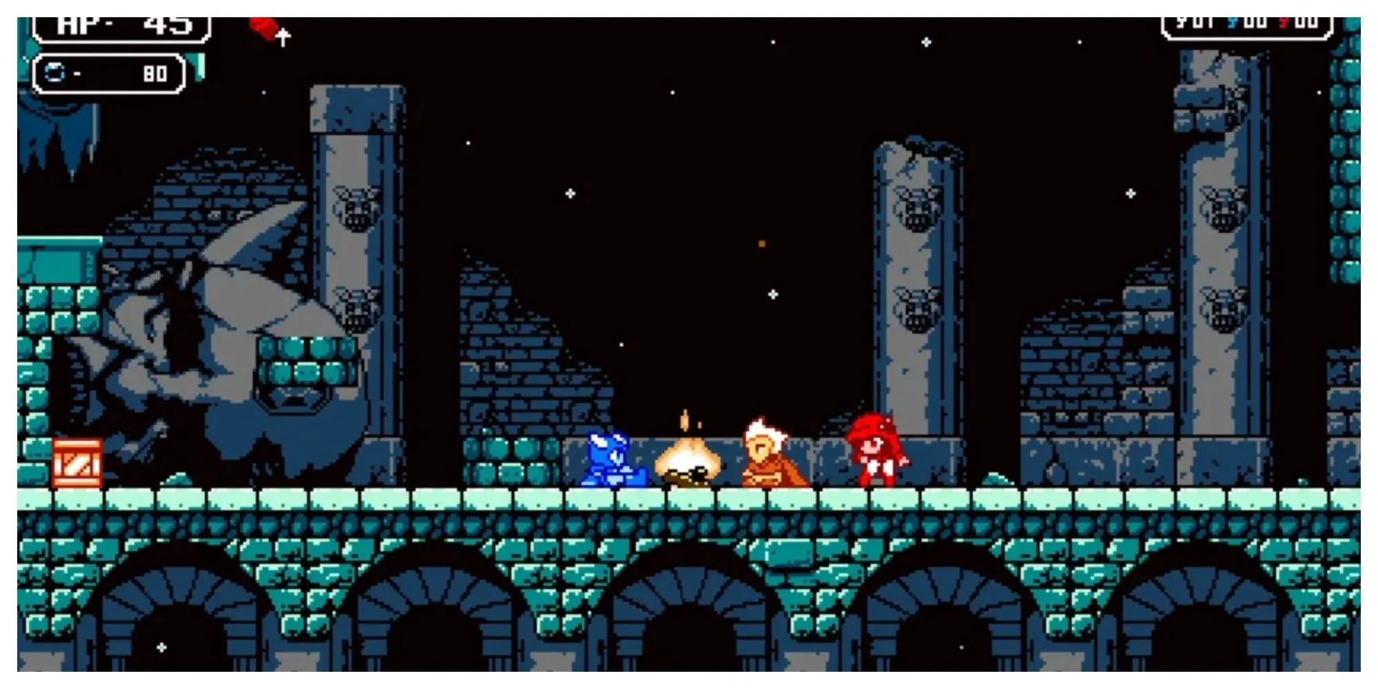Ba nhân vật chính của Astalon Tears of the Earth trong một hầm ngục pixel art cổ điển