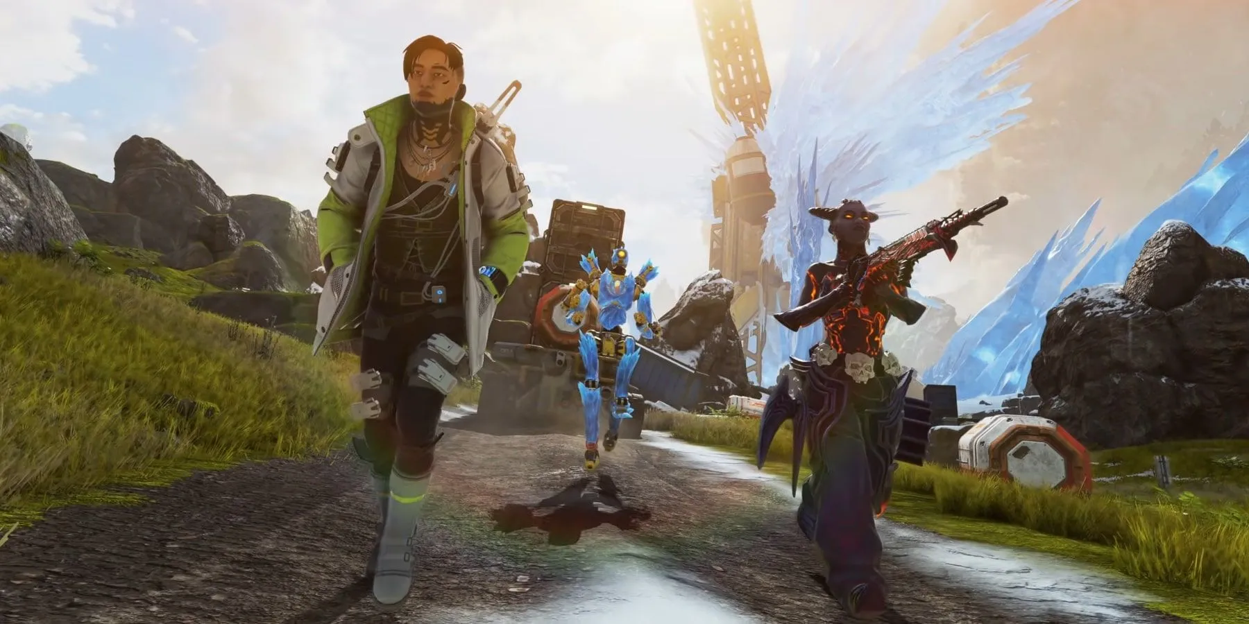 Ba nhân vật Crypto, Pathfinder, và Lifeline đang chạy trên một con đường tại World's Edge trong game Apex Legends