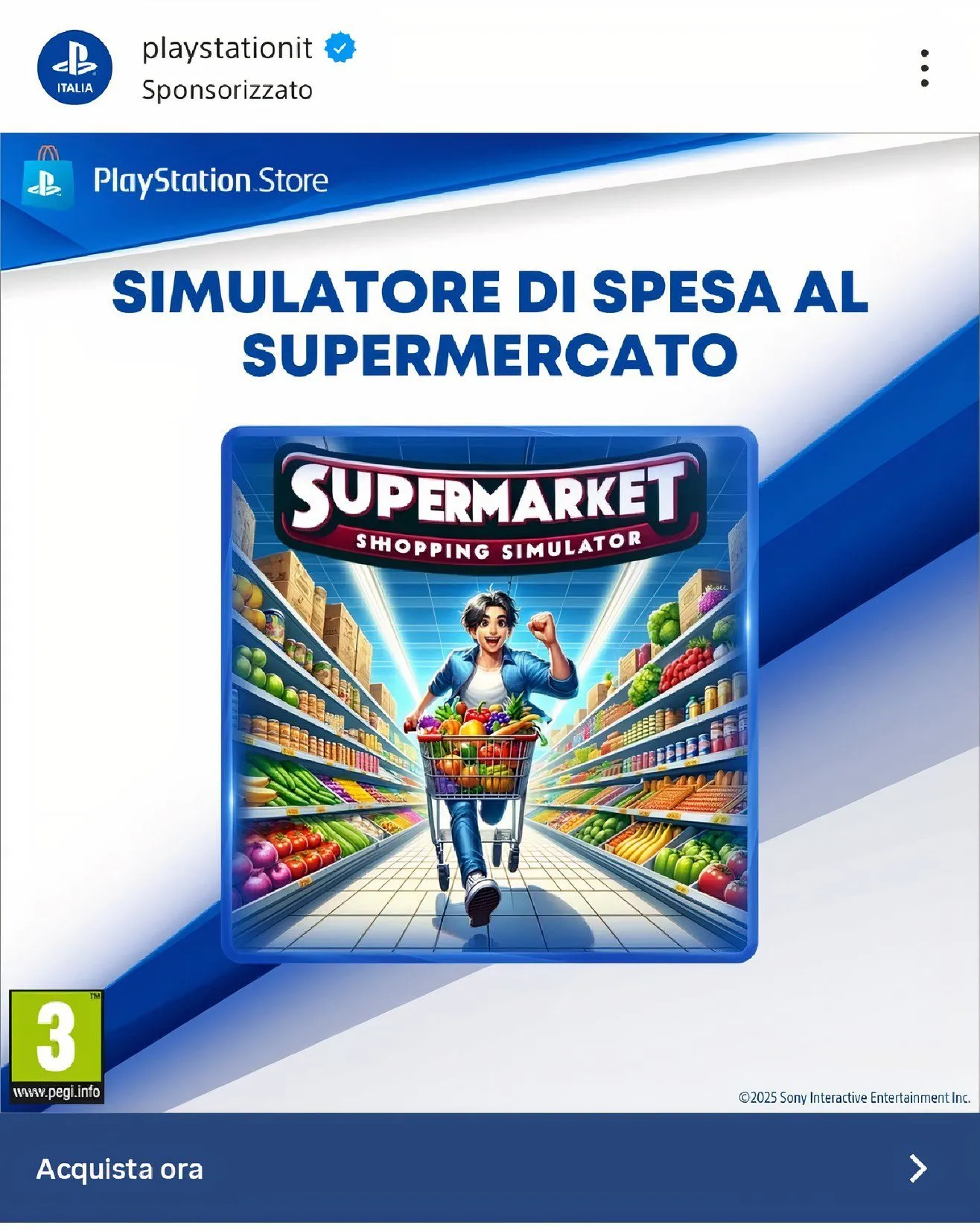 Bài đăng quảng bá Supermarket Shopping Simulator trên Instagram chính thức của PlayStation Italy với hình ảnh nhân vật nữ đẩy xe hàng.