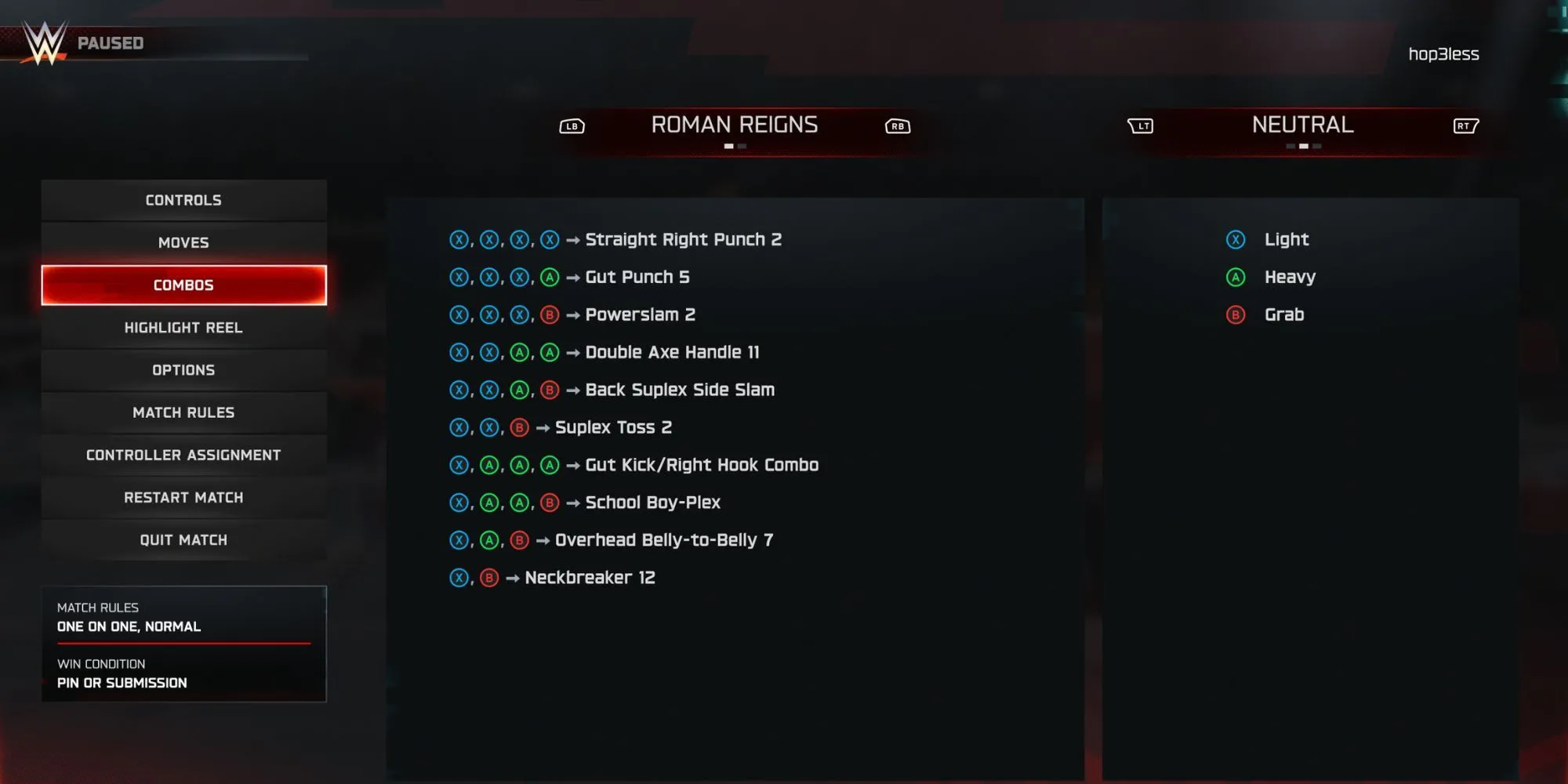 Bảng combo chi tiết của Roman Reigns trong WWE 2K25, bao gồm các loại combo nhẹ, nặng và vật