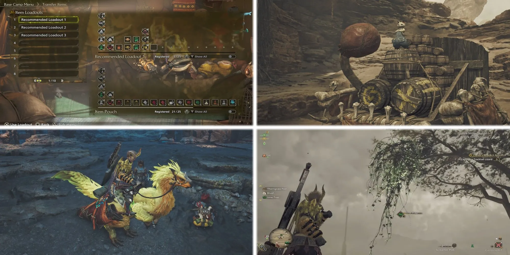 Bìa game Monster Hunter Wilds với bốn phân cảnh khác nhau về quái vật và thợ săn