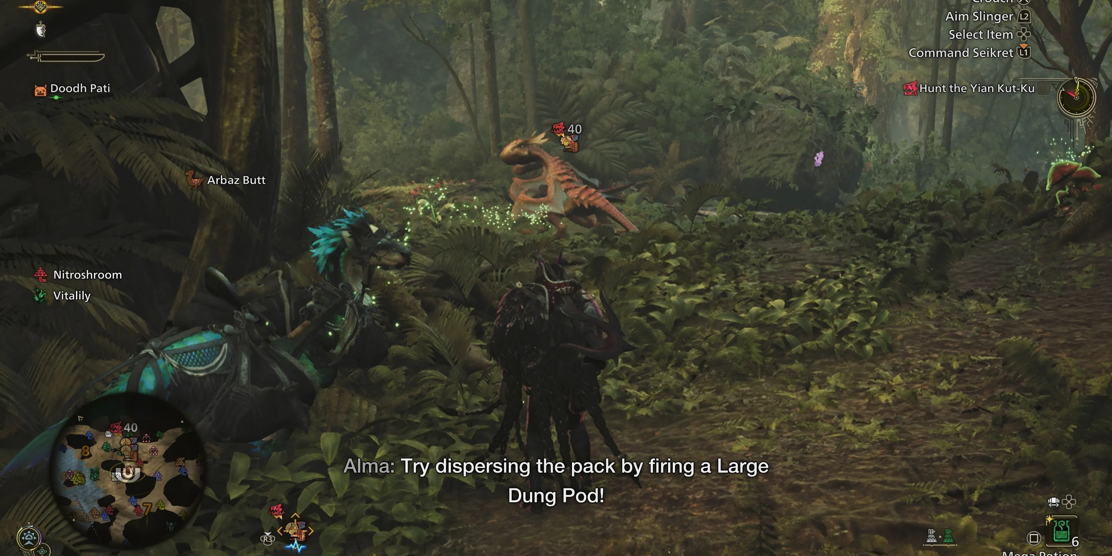 Biểu tượng gợi ý sử dụng Large Dung Pod trong Monster Hunter Wilds để xua đuổi đàn quái vật