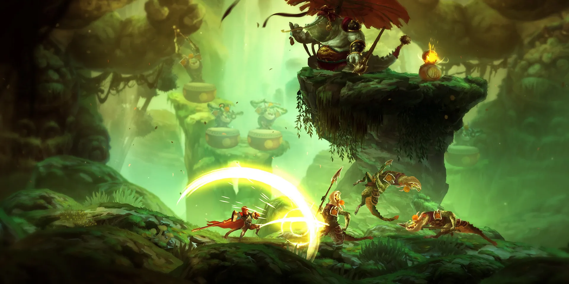 Bốn nhân vật trong Unruly Heroes đang chiến đấu