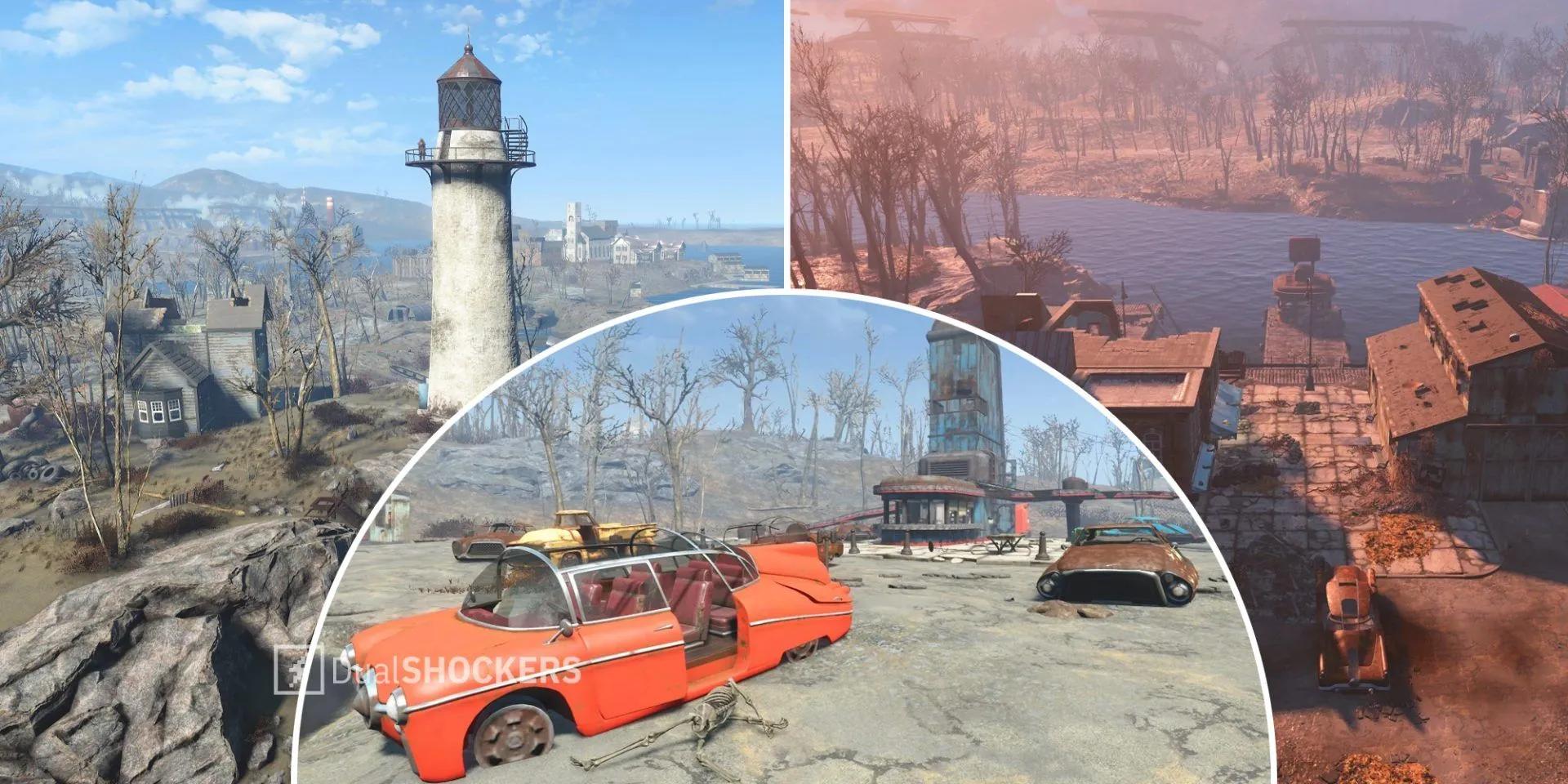 Các khu định cư đa dạng trong Fallout 4 như Kingsport Lighthouse, Starlight Drive-in và Egret Tours Marina