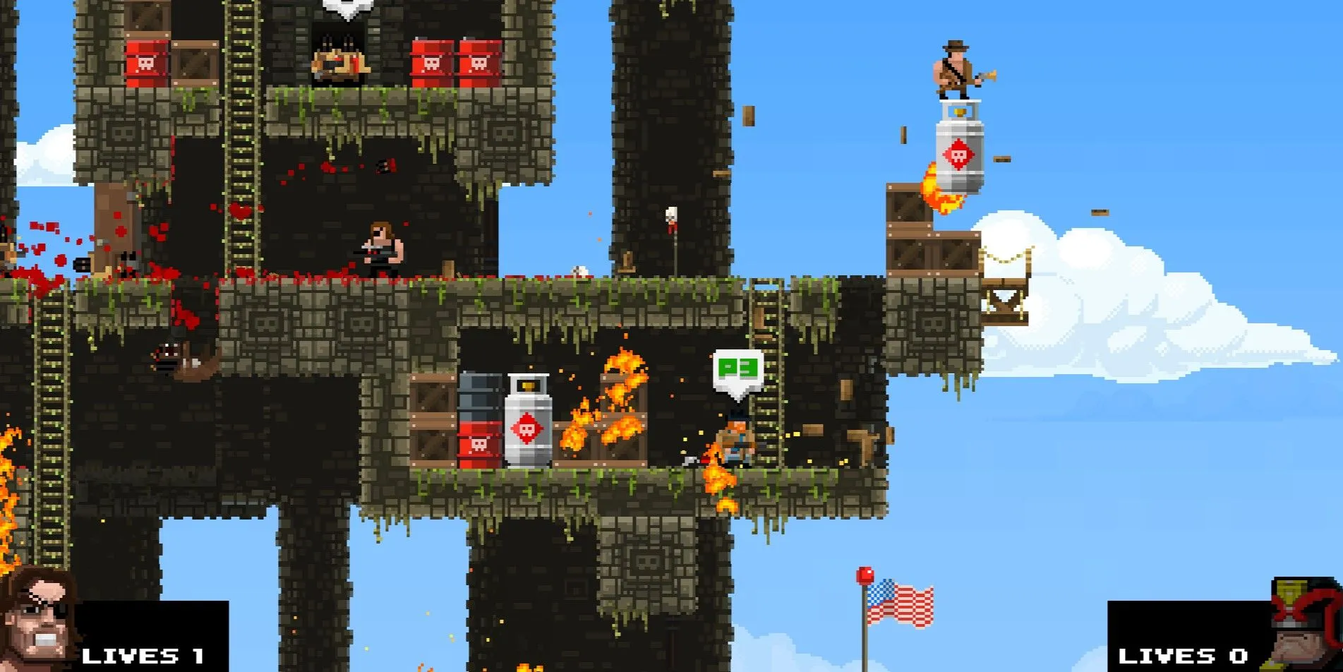 Các nhân vật Broforce trong một cảnh hành động cháy nổ với nhiều hiệu ứng