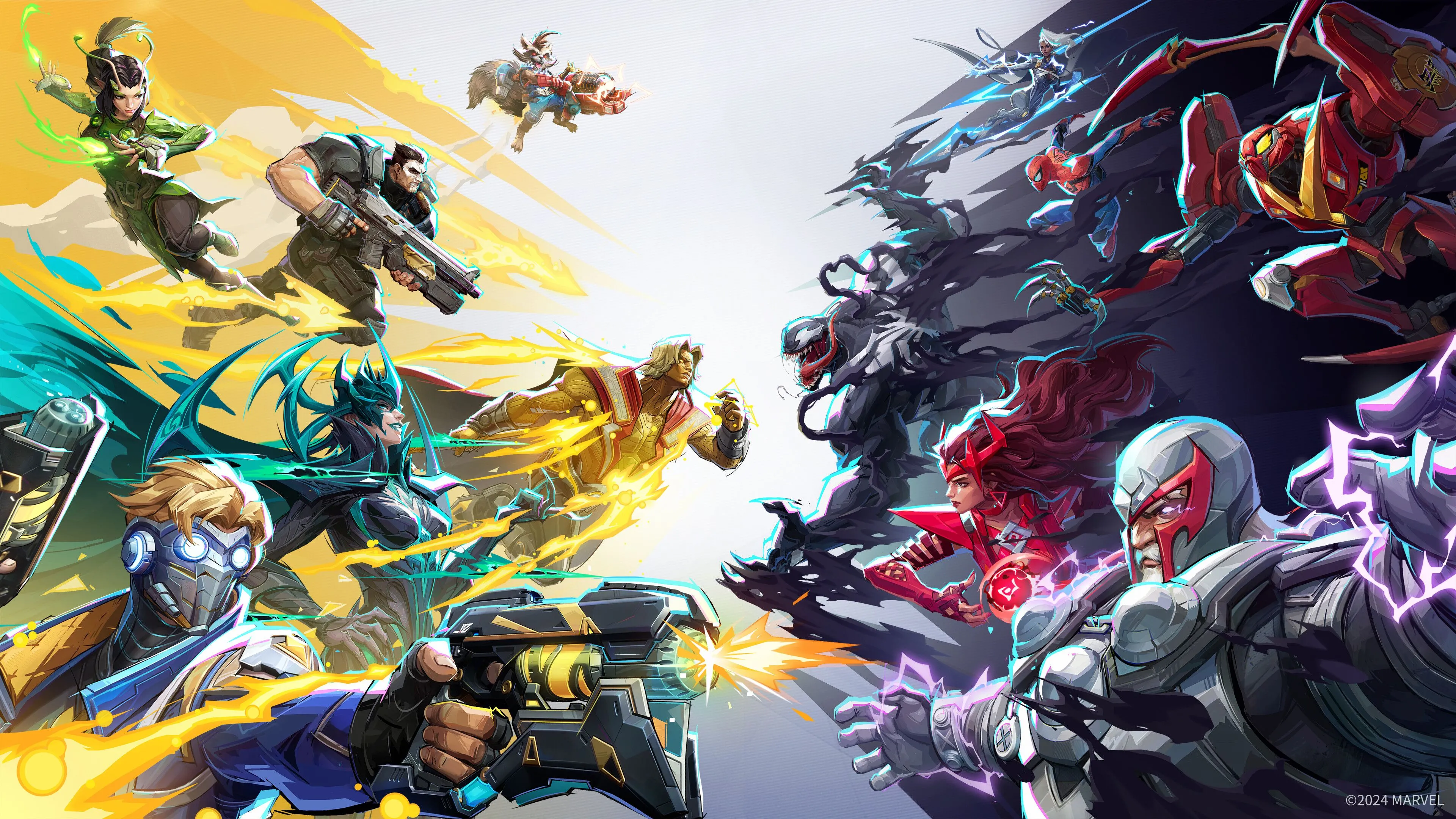 Các siêu anh hùng Marvel Rivals sẵn sàng chiến đấu trong một khung cảnh đầy màu sắc