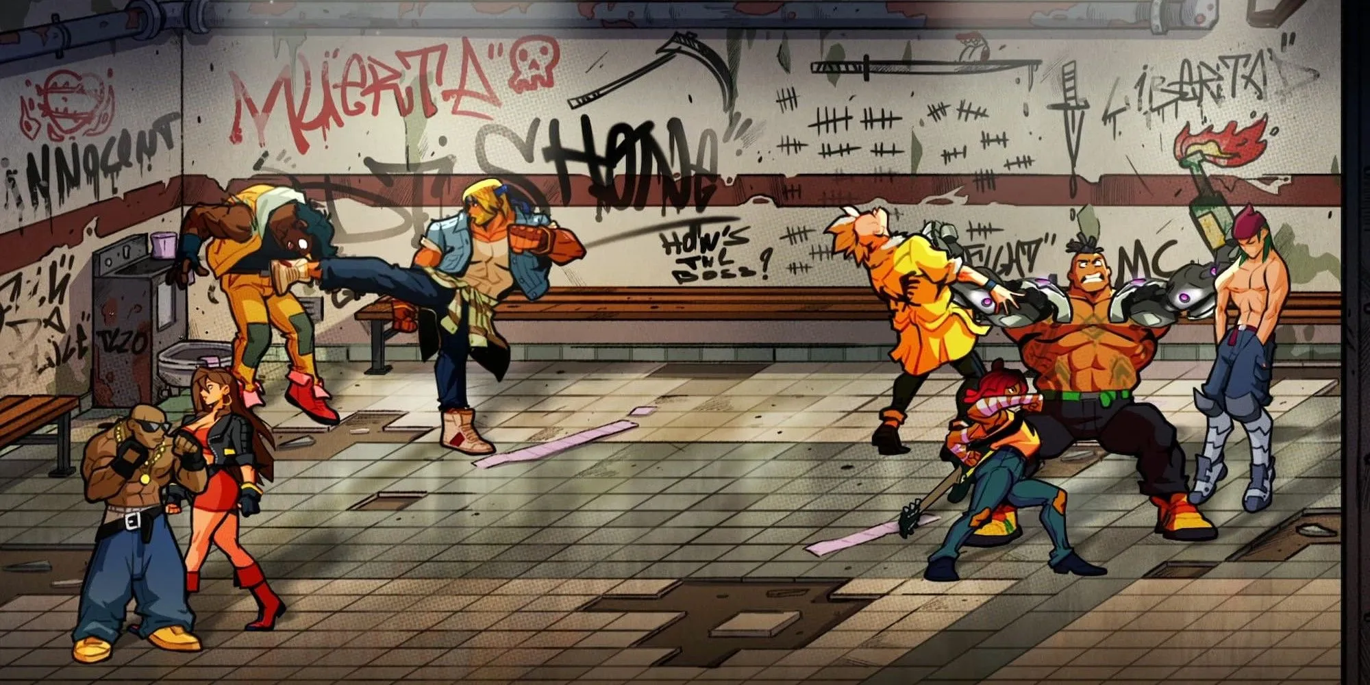 Cảnh chiến đấu đầy hành động trong Streets of Rage 4, hiển thị các nhân vật đang đấm đá kẻ thù