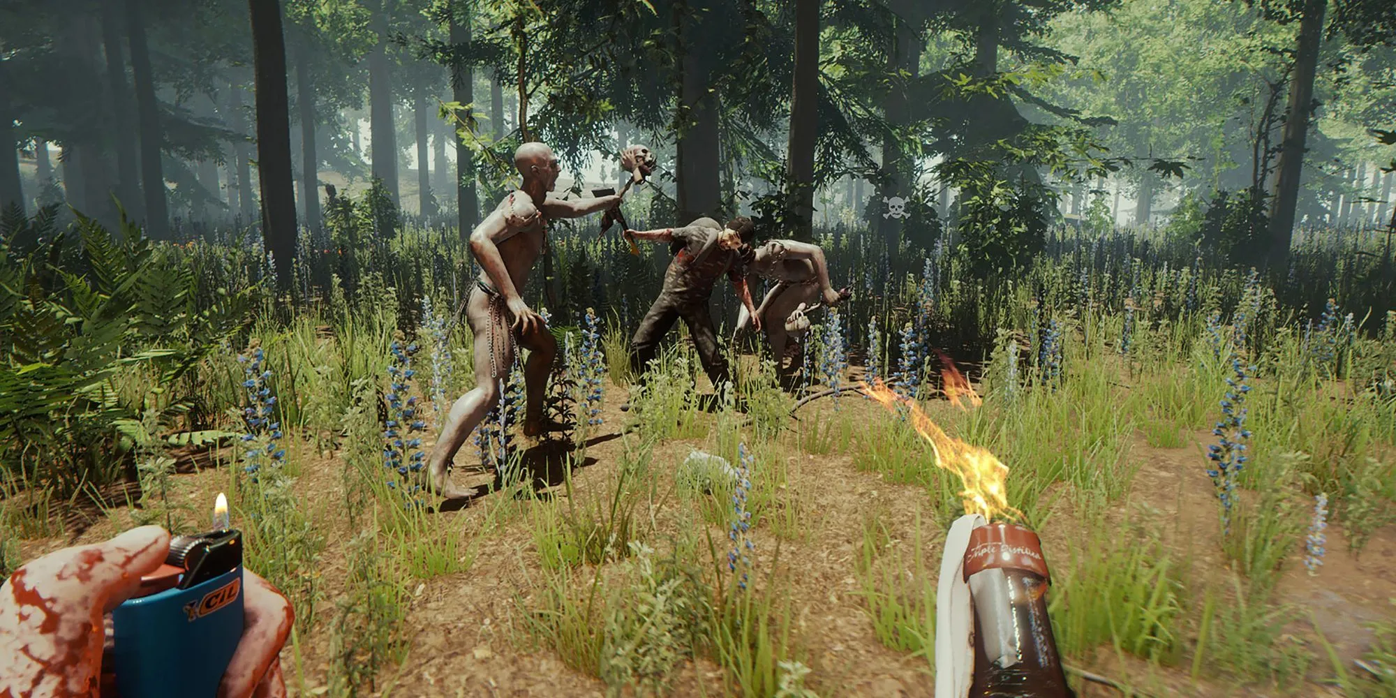 Cảnh chiến đấu giữa người chơi và Cannibals trong rừng ở The Forest