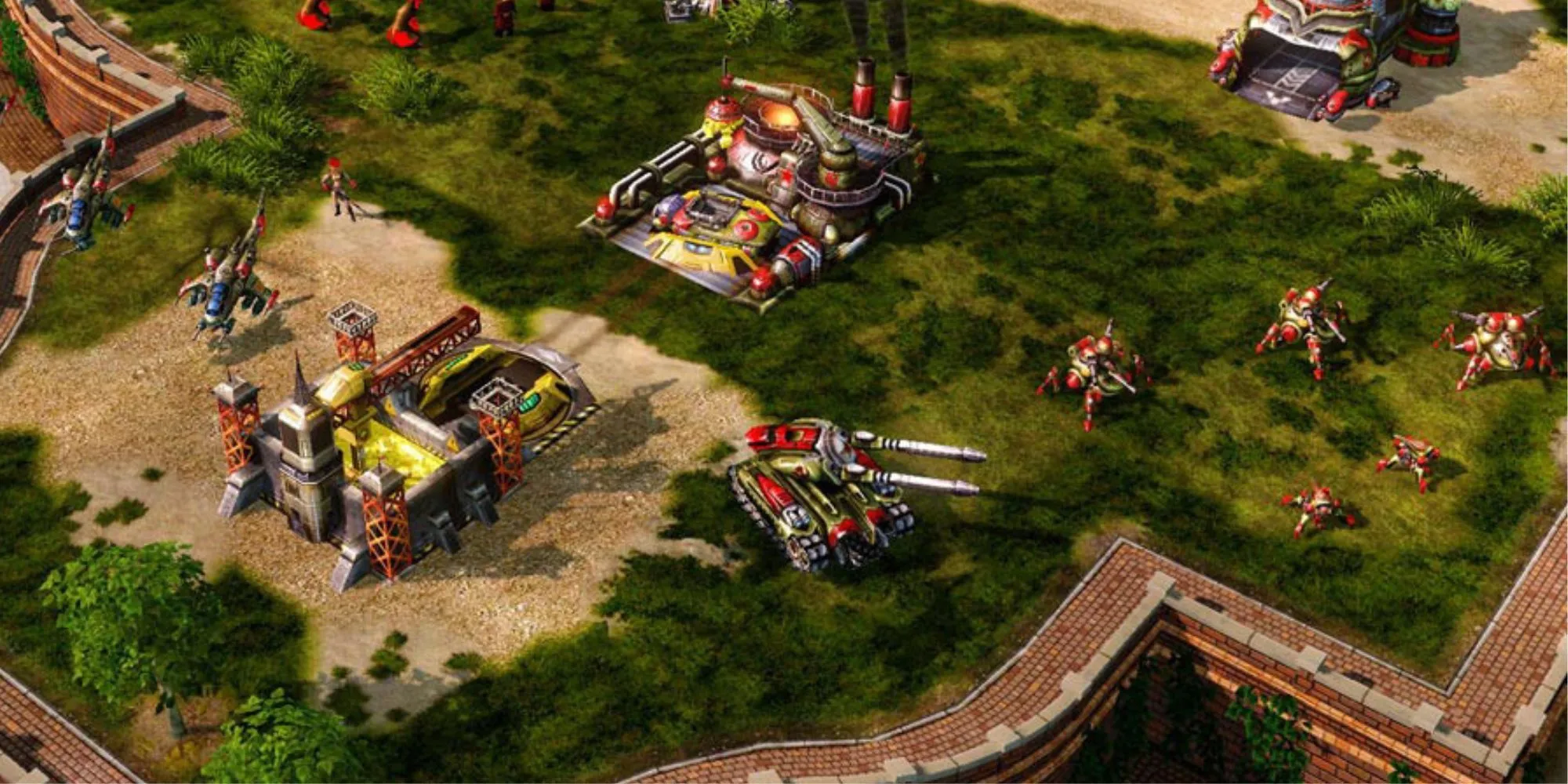 Cảnh chiến đấu trong Command &amp; Conquer Red Alert 3 với nhiều đơn vị quân sự và khí tài hiện đại
