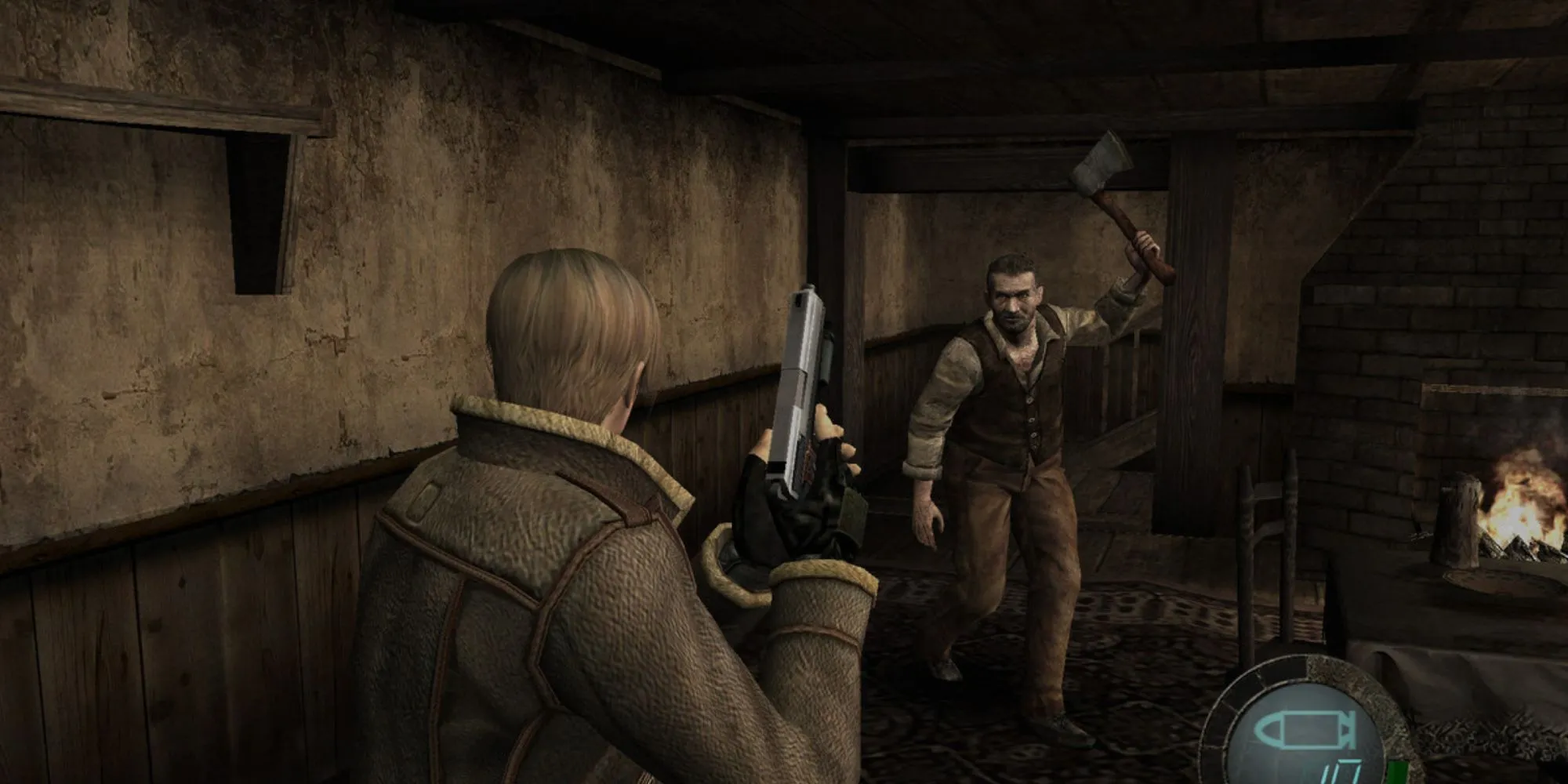 Cảnh chiến đấu trong Resident Evil 4, Leon S. Kennedy đối mặt với kẻ thù