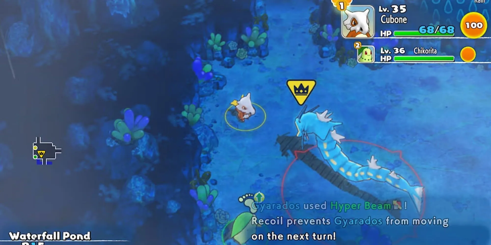 Cảnh chiến đấu với Gyarados trong Pokémon Mystery Dungeon Rescue Team DX