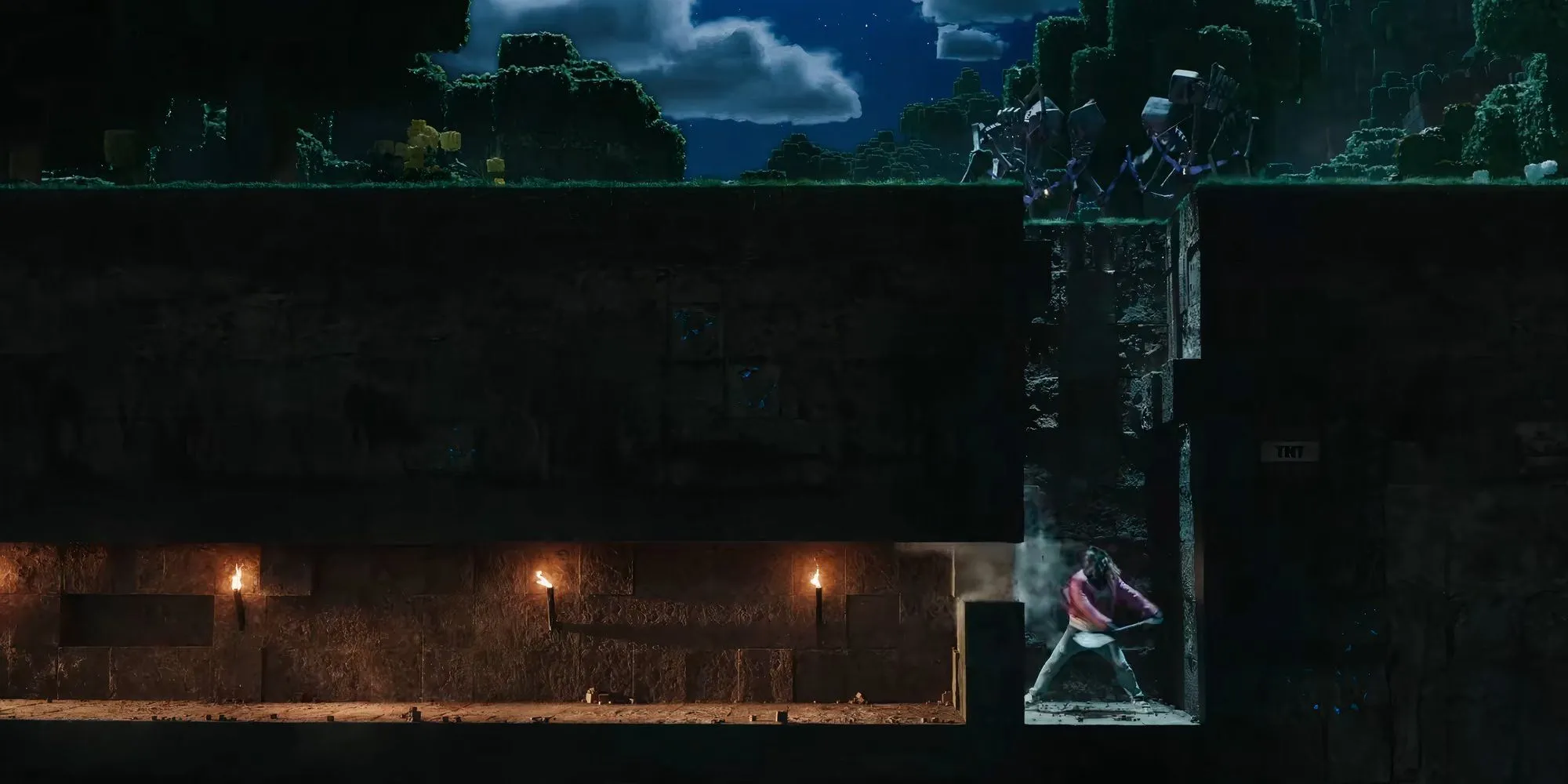 Cảnh đào bới trong phim A Minecraft Movie.