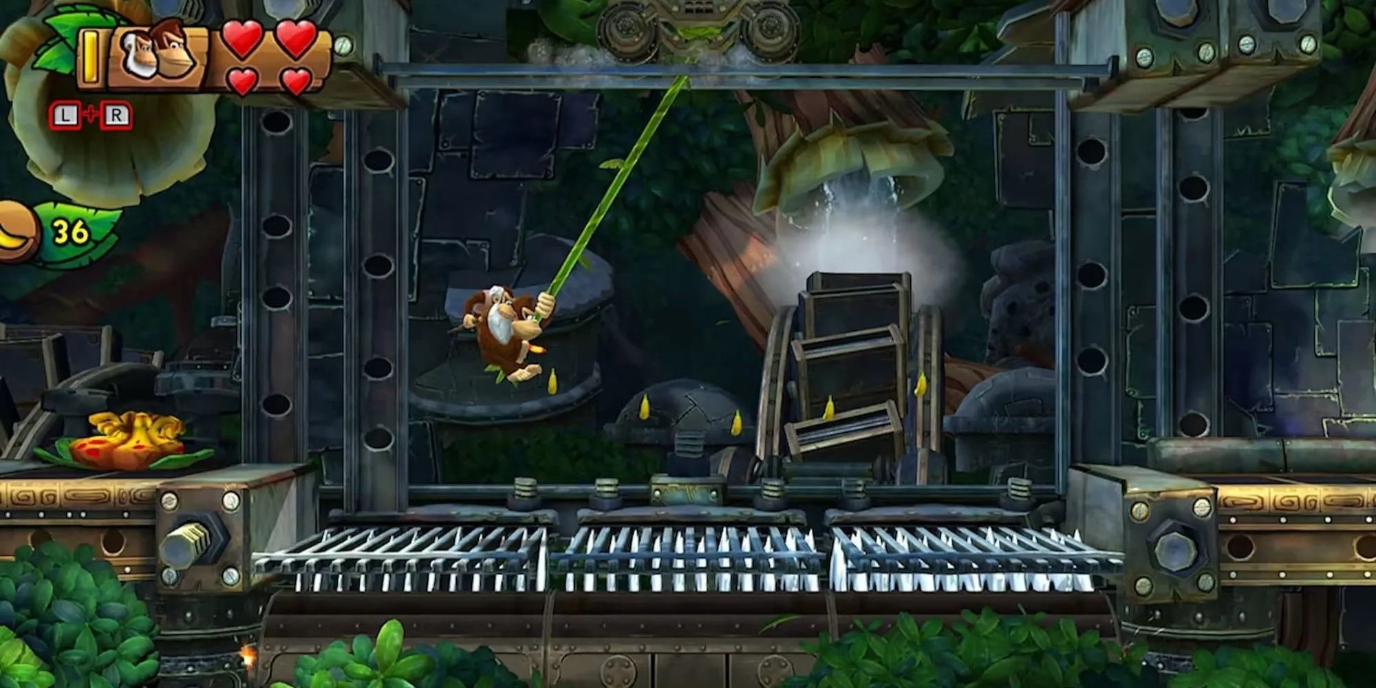 Cảnh Donkey Kong và Diddy Kong đu dây qua bẫy gai nhọn trong Donkey Kong Country: Tropical Freeze