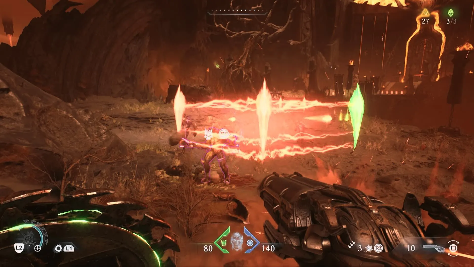 Cảnh gameplay DOOM The Dark Ages với quái vật và hiệu ứng lazer