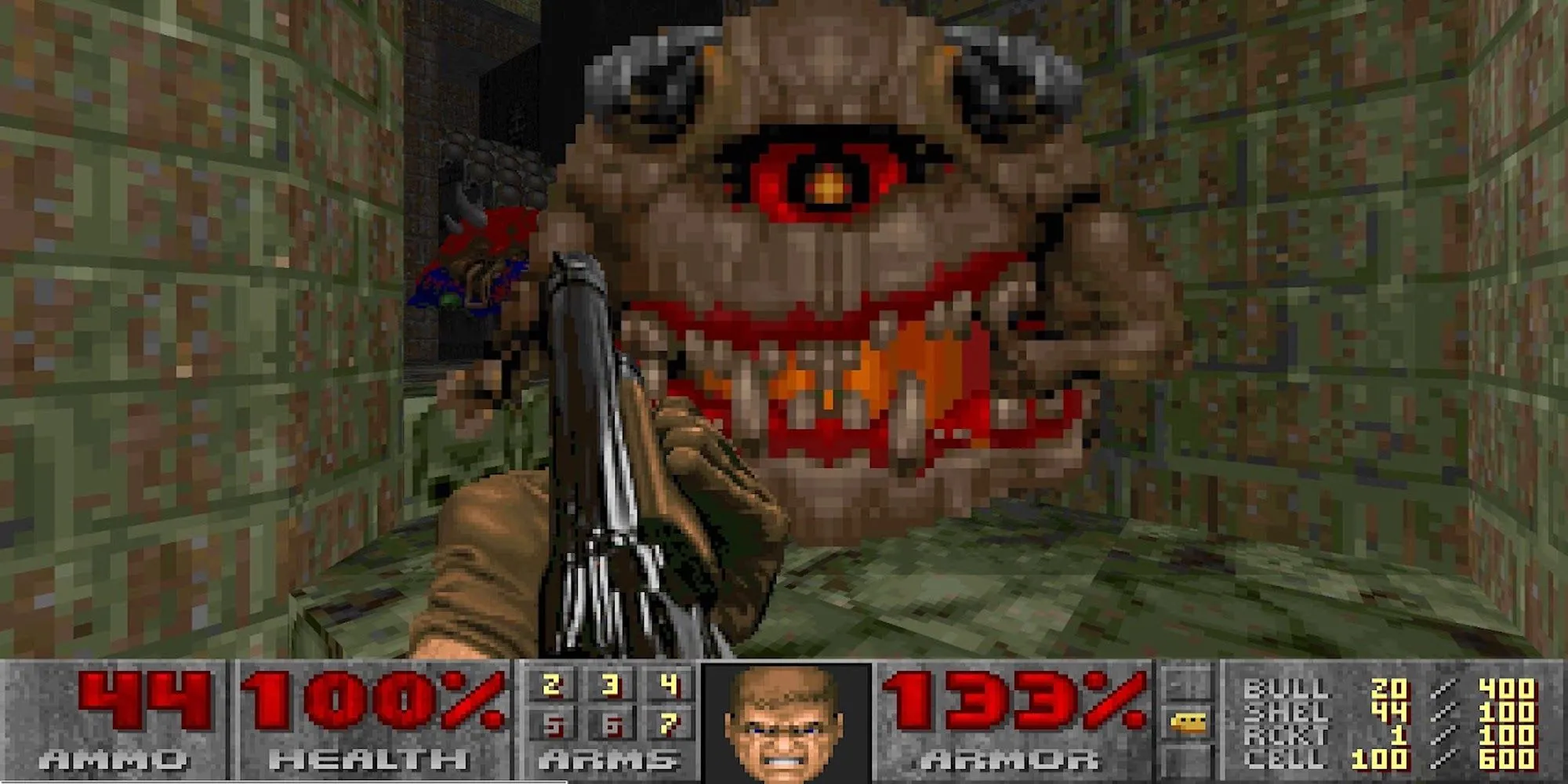 Cảnh gameplay trong Doom 2, nổi bật với khẩu Super Shotgun