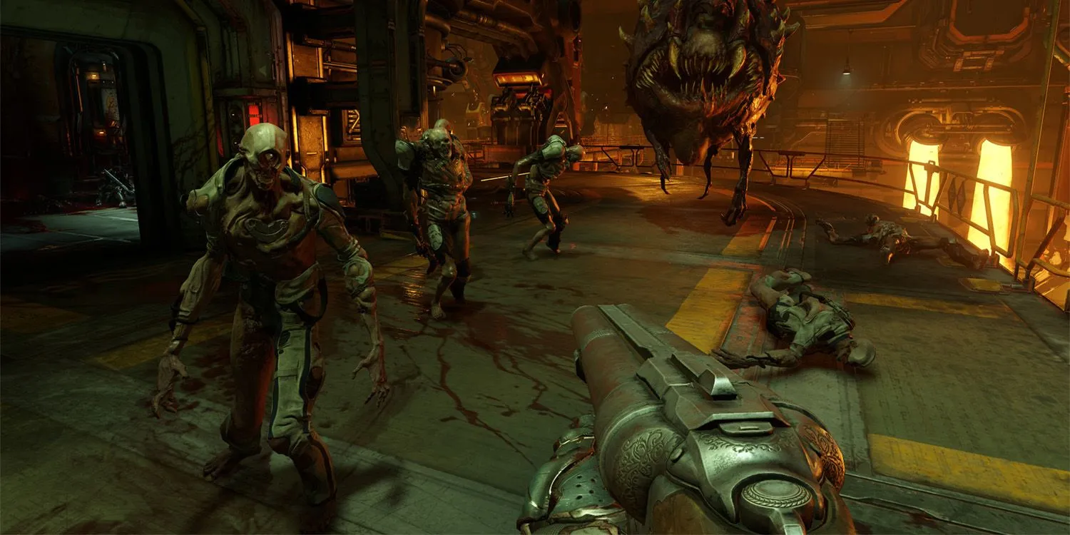 Cảnh gameplay trong Doom 2016, thể hiện hành động bắn súng và hệ thống Glory Kill