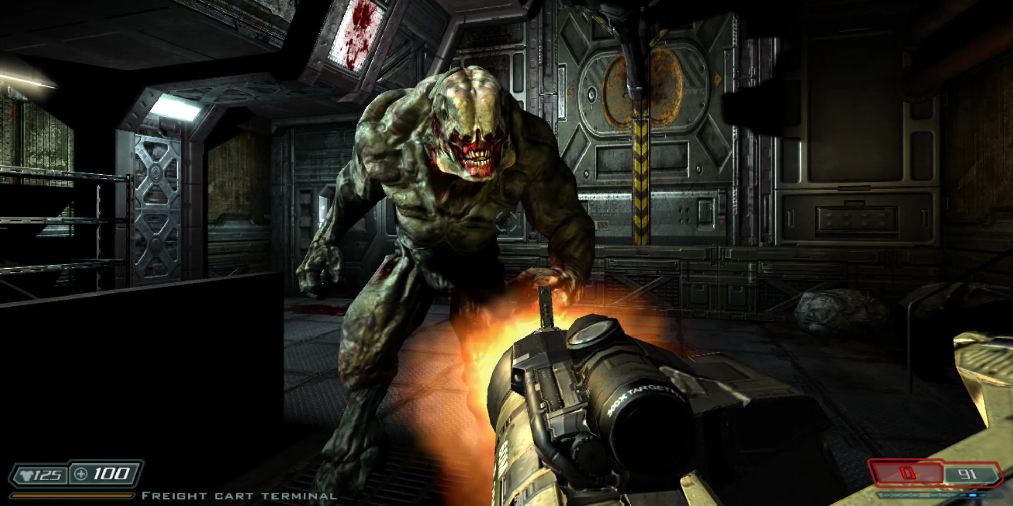 Cảnh gameplay trong Doom 3, thể hiện yếu tố kinh dị sinh tồn và môi trường chật hẹp