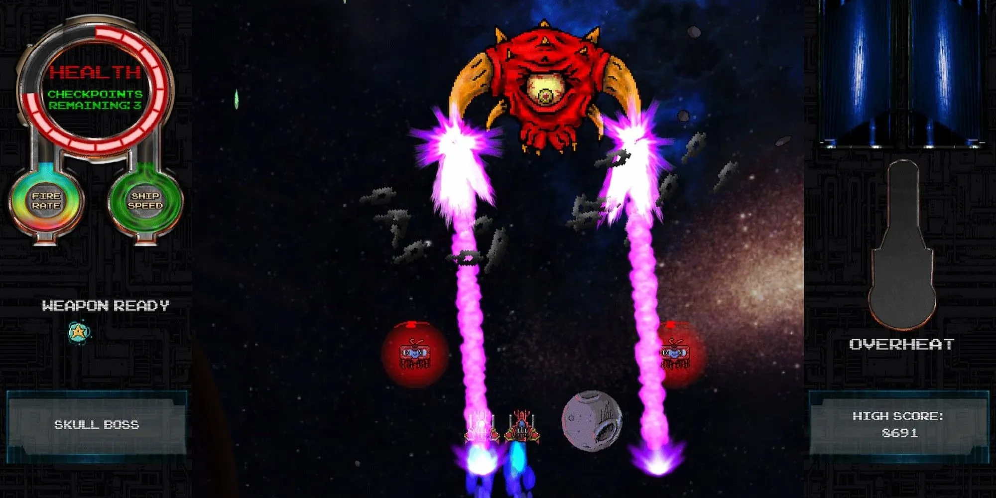 Cảnh gameplay trong Galagan's Island: Reprymian Rising, hiển thị tàu chiến người chơi bắn phi thuyền địch theo đội hình, tái hiện game bắn ruồi arcade cổ điển
