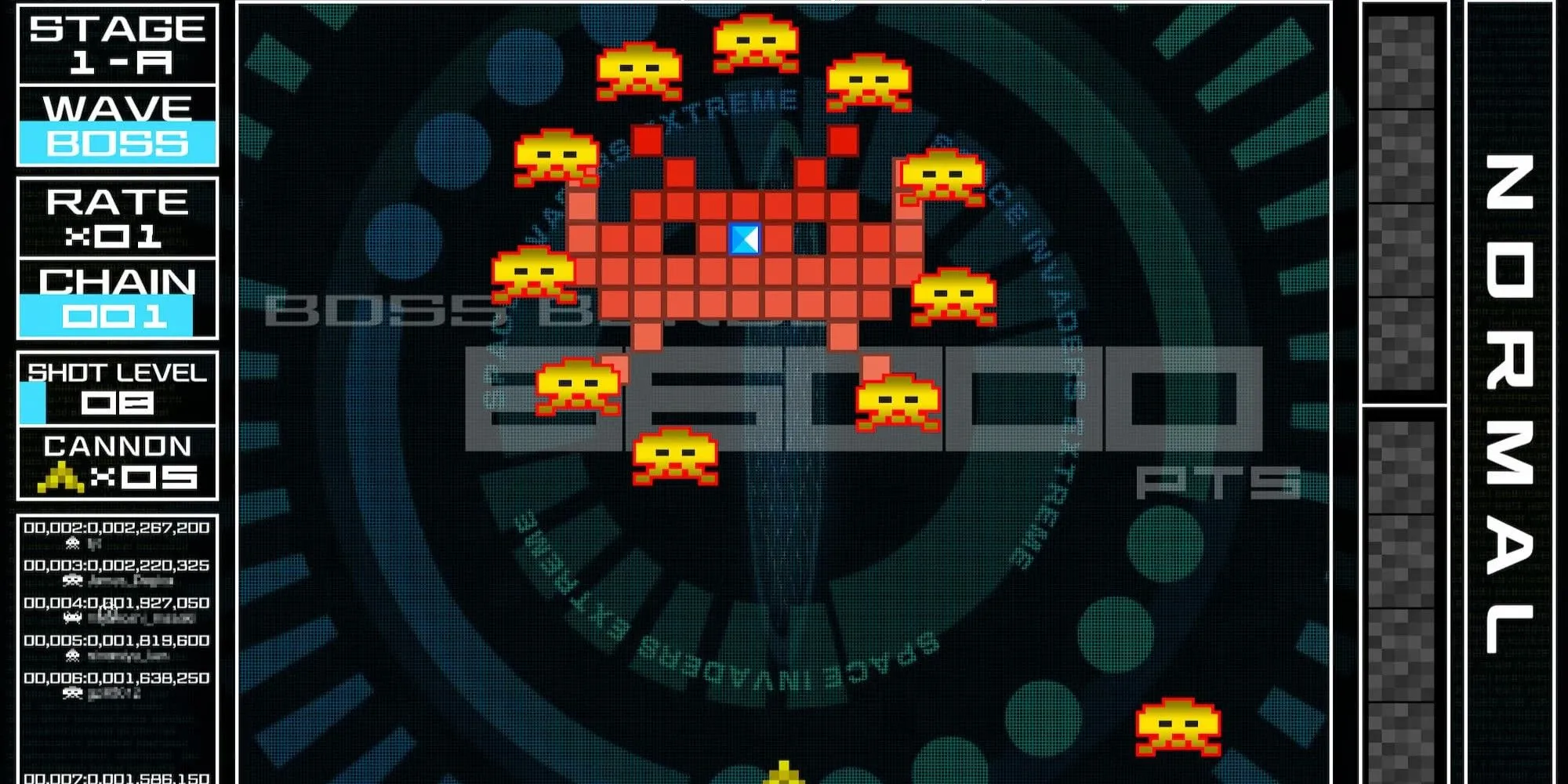 Cảnh gameplay trong Space Invaders Extreme với đồ họa neon rực rỡ và hiệu ứng hình ảnh ấn tượng