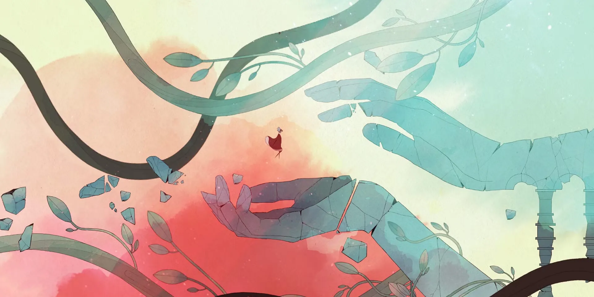 Cảnh gameplay từ game GRIS, hiển thị nhân vật nữ chính trong một thế giới màu sắc rực rỡ và trừu tượng